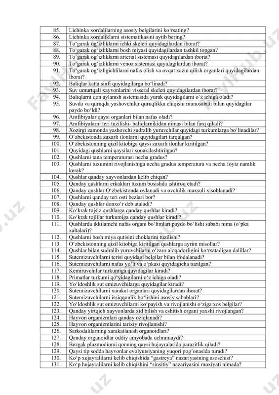 y qanday vazifa bajaradi? 60. qorinoyoqlilarning sodda ko’zchalari qayerda joylashadi ? 61. siklop tanasida qaysi chuvalchang lichinkasi bo’ladi? 62. yumaloq chuvalchanglarni nechta sinfi bor? 63. «bankroftipchasi» deb nomlangan chuvalchang odamlarda qanday kasallik paydo qiladi? 64. bolalar gijjasi qaysi sinfga kiradi? 65. zoologiya fani tarixida arastuning asosiy xizmatlari? 66. bulutlar jinsiy hujayrasining nomi? 67. bulutlarning amaliy ahmiyati? 68. bir hujayrali organizmlarning noqulay sharoitlarga moslashuv xususiyatlari? 69. chuchuk suvdan yashovchi bir-hujayralilarni ko’rsating? 70. odamning yo’g’on ichagida qanday infuzoriya parazitlik qiladi? 71. askarida bilan kuchli zararlangan kishilarda qanday belgilar kuzatiladi? 72. odam organizmida rishta lichinkasi qancha vaqt mobaynida voyaga yetadi? 73. kiprikli chuvalchanglarni ayirish sistemasi qanday tipda? 74. meduza mezogleyasining qancha qismini suv tashkil qiladi? 75. so’ruvchi chuvalchanglarni tekinxo’rlikka moslanish xususiyatlari? 76. kiprikli chuvalchanglar qanday nafas oladi? 77. nematodalarni tashqi skeletini belgilang 78. yassi chuvalchanglarni tana bo’shlig’ini nomini belgilang? 79. bulutlar jinsiy hujayrasining nomi? 80. infuzoriyada konyugatsiya jarayoni oxirida qanday yadro hosil bo’ladi? …