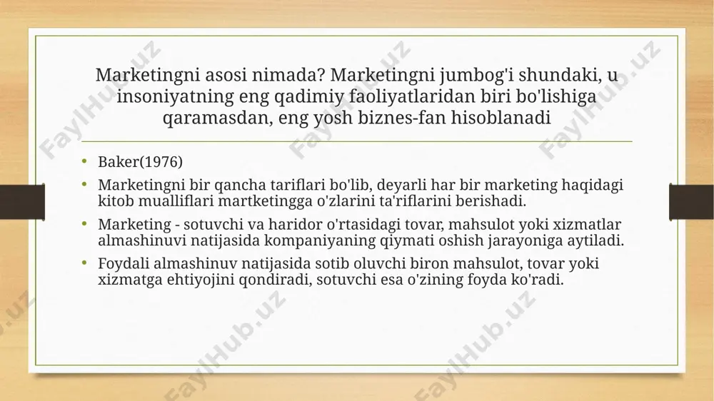 itish mumkin). marketing (inglizcha: market — „bozor“, „bozordagi harakat“, „faoliyat“) — korxonaning tovarlar ishlab chiqarish va sotishini tashkil etish hamda boshqarish shakli. „marketing“ atamasi isteʼmolga 19-asrning 60-yillarida makkovern tomonidan kiritilgan. marketing nazariy konsepsiya va tijorat faoliyatining oʻziga xos hodisasi tarzida 20-asr boshlarida aqshda ilk bor qoʻllanildi. image1.png image2.png image7.jpeg image8.jpeg image9.jpeg image10.jpeg image11.jpeg image12.jpeg image3.png image4.png