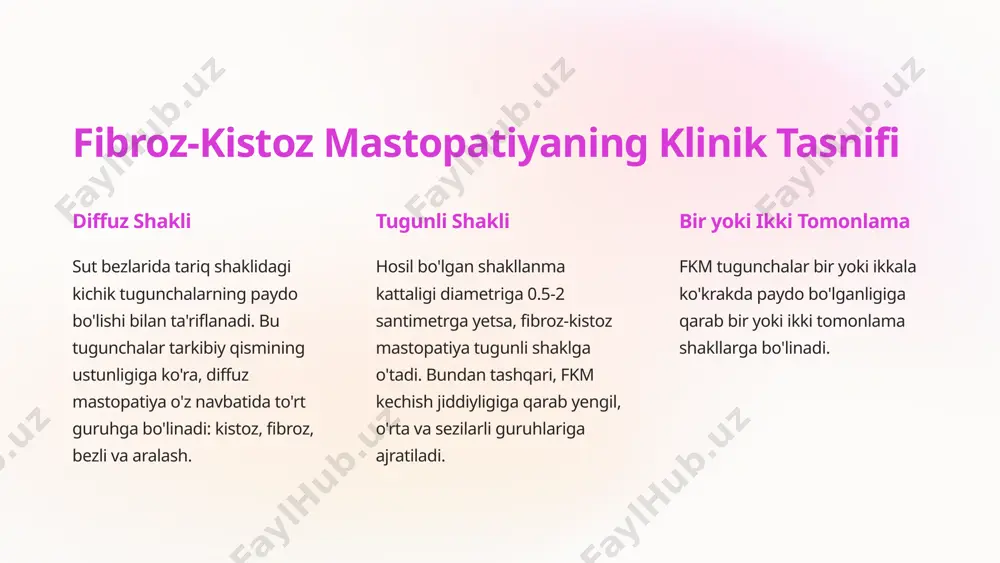 qali seziladigan va og'riqli tabiatga ega ko'krak bezidagi zichlanishlar. 2 hayz oldi davrida o'zgarishlar hayz oldi davrida ko'krak bezlarining dag'allashishi va kattalashishi, ko'krak siynalari sezuvchanligining ortishi. 3 ko'krakdagi og'riqlar qo'ltiq osti yoki yelkaga tarqalishi mumkin bo'lgan ko'krakdagi og'riqlar. 4 ajralmalar ko'krakdan oq yoki jigarrang ajralmalar ajralishi. 4 fibroz-kistoz mastopatiya tashxisi 1 vizual tekshirish ko'krak bezlarini oyna oldida, yon tarafga egilgan va yotgan holatda tekshirish, terining holatini baholash. 2 ultratovush va mrt sut bezlari ultratovush tekshiruvi va magnit-rezonans tomografiyasi yordamida tugunchalarni rivojlanishning dastlabki bosqichlarida aniqlash. 3 qo'shimcha tekshiruvlar mamografiya, biopsiya va duktografiya o'smalar joylashishini ko'rsatib berish va saraton oldi o'simtalar mavjudligini aniqlash uchun o'tkaziladi. 5 mastopatiyani davolash tashqi qo'llash uchun kremlar mastofit krem, mastokrel gel, progestogel gel kabi o'simlik asosidagi va gormonal kremlar yallig'lanishga qarshi, og'riq qoldiruvchi, antispazmatik va tinchlantiruvchi ta'sir ko'rsatadi. ichki qo'llash uchun dorilar fitolon, mastodinon, mastofit, klamin kabi preparatlar gormonal muvozanatni tiklaydi, saratonli o'simtalar rivojlanishini sekinlashtiradi. vitaminli terapiya …