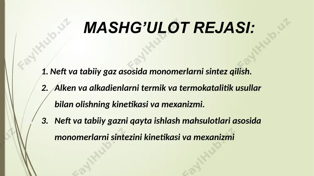 ammo ular neftni qayta ishlash jarayonlarida hosil bo‘ladi va neft kimyoviy hamda asosiy organik sintez uchun muhim xom ashyo bo‘lib hisoblanadi. neftdan to‘yinmagan birikmalar olish jarayonlarining ikki guruhi mavjud: birinchisi bu birikmalar qo‘shimcha mahsulot bo‘lgan jarayon, ikkinchisi bu birikmalarni maksimal ishlab chiqarishga qaratilganmaxsus jarayon. ma’lumki neft va tabiiy gaz tо‘g‘ridan tо‘g‘ri ishlatilmaydi. tabiiy gaz tozalangandan keyin yoqish uchun ishlatiladi. neft esa qayta ishlanadi, dastlab rektifikatsiya qilinadi va tarkibiy qismlarga ajratiladi. buni yuqorida kо‘rib о‘tildi, ya’ni benzin fraksiyasi 40-200 0s ligroin fraksiyasi 150-250 0s kerosin 180-300 0s gazoyl 250-360 0s mazut qoldig‘i mazut esa vakuumda haydaladi va undan turli xil qovushqoqlika ga bо‘lgan surkov moylari, transformator yog‘lari va boshqalar olinadi. neft tarkibidan ajratib olingan mahsulotlar qayta ishlanadi. qayta ishlash usullariga termik va katalitik kreking, piroliz va boshqalar kiradi. ushbu jarayonlardagi asosiy kimyoviy reaksiya uglerod-uglerod zanjirining uzilishi va yuqoriroq molekulyarli birikmalardan past molekulyar birikmalar hosil bо‘lishidir. bunda gaz holatdagi yoki suyuq holatdagi …