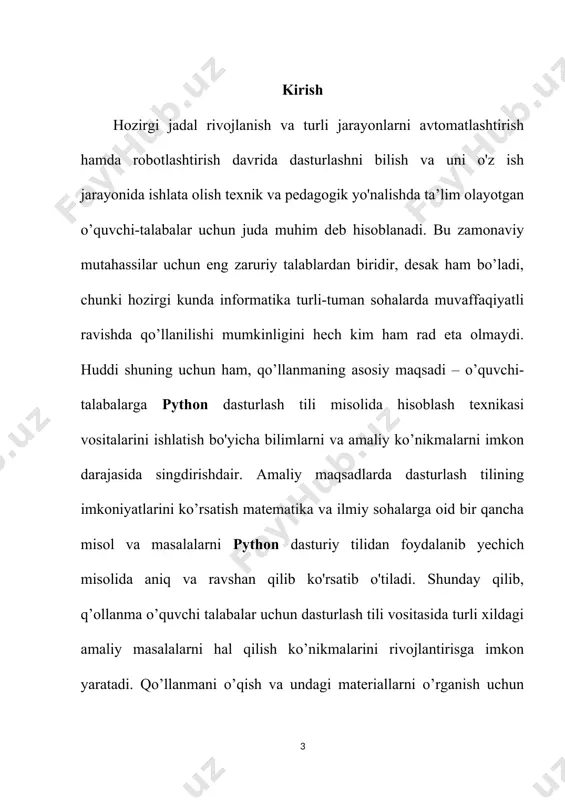 ib bera oladigan homiy izladi va uni o`sha paytlarda endi tashkil etilgan beopen firmasi qo`llab quvvatladi. u cnri dan ketdi, lekin shartnomaga binoan u python 1.6 versiyasini chiqarib berishga majbur edi. beopen da esa u python 2.0 versiyani chiqardi. 2.0 versiyasi bu oldinga qo`yilgan katta qadamlardan edi. bu versiyada eng asosiysi til va interpretatorni rivojlanish jarayoni ochiq ravishda bo`ldi. shunday qilib 1.0 versiyasi 1994-yil chiqarilgan bo`lsa, 2.0 versiyasi 2000-yil, 3.0 versiyasi esa 2008-yil ishlab chiqarildi. hozirgi vaqtda uchinchi versiyasi keng qo`llaniladi. python dasturlash tili imkoniyatlari python вђ“ bu o'rganishga oson va shu bilan birga imkoniyatlari yuqori bo'lgan oz sonlik zamonaviy dasturlash tillari qatoriga kiradi. python yuqori darajadagi ma'lumotlar strukturasi va oddiy lekin samarador obyektga yo'naltirilgan dasturlash uslublarini taqdim etadi. pythonning o'ziga xosligi · oddiy, o'rganishga oson, sodda sintaksisga ega, dasturlashni boshlash uchun qulay, erkin va ochiq kodlik dasturiy ta'minot. · dasturni yozish davomida quyi darajadagi detallarni, misol uchun xotirani boshqarishni …