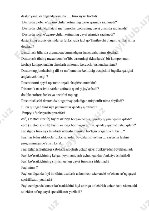 bilan ishlashdagi xatolikni aniqlash uchun qaysi funksiyadan foydalaniladi fayl ko’rsatkichining kelgan joyni aniqlash uchun qanday funksiya ishlatiladi fayl ko’rsatkichining siljitish uchun qaysi funksiya ishlatiladi? fayl nima ? fayl ochilganda fayl tarkibini tozalash uchun ios:: xizmatchi so’zidan so’ng qaysi spetsifikator yoziladi? fayl ochilganda kursor ko’rsatkichini fayl oxiriga ko’chirish uchun ios:: xizmatchi so’zidan so’ng qaysi spetsifikator yoziladi? fayl oxiriga yozish uchun qanday funksiyadan foydalanamiz ? fayl yopishda xatolik bo`lmasa fclose() qanday qiymat qabul qiladi ? faylda ma'lumot bo’lmasa takrorlanish amalga oshmadigan sikl operatorni ko’rsating fayldagi ma’lumotni o’qish uchun ios:: xizmatchi so’zidan so’ng qaysi spetsifikator yoziladi? faylga ma’lumot yozish uchun ios:: xizmatchi so’zidan so’ng qaysi spetsifikator yoziladi? faylga ma’lumotni fayl oxiriga yozish uchun ios:: xizmatchi so’zidan so’ng qaysi spetsifikator yoziladi? faylga yozish uchun qaysi xizmatchi so'zdan foydalaniladi? fayllar bilan ishlashda eof() funksiyasidan qanday maqsadda foydalanamiz ? fayllar bilan ishlashda ochilgan faylni yopish uchun qaysi uslub qo’llanilaniladi fayllar qanday turga bo’linadi fayllarda ma’lumotni o’qish …