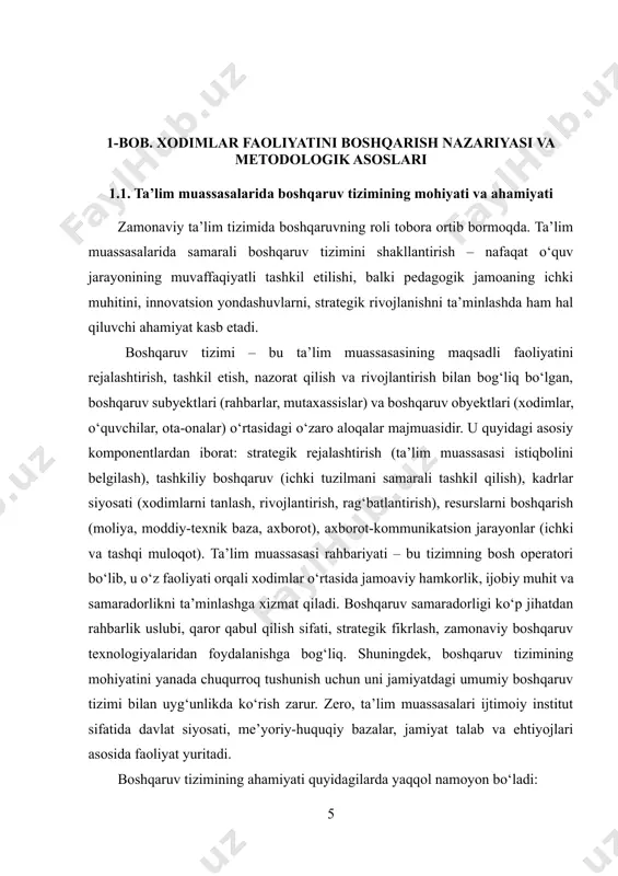 korlik, ijobiy muhit va samaradorlikni ta’minlashga xizmat qiladi. boshqaruv samaradorligi ko‘p jihatdan rahbarlik uslubi, qaror qabul qilish sifati, strategik fikrlash, zamonaviy boshqaruv texnologiyalaridan foydalanishga bog‘liq. shuningdek, boshqaruv tizimining mohiyatini yanada chuqurroq tushunish uchun uni jamiyatdagi umumiy boshqaruv tizimi bilan uyg‘unlikda ko‘rish zarur. zero, ta’lim muassasalari ijtimoiy institut sifatida davlat siyosati, me’yoriy-huquqiy bazalar, jamiyat talab va ehtiyojlari asosida faoliyat yuritadi. boshqaruv tizimining ahamiyati quyidagilarda yaqqol namoyon bo‘ladi: · ta’lim sifatini oshirish; · xodimlarning kasbiy o‘sishini ta’minlash; · o‘quvchilarning salohiyatini to‘liq ro‘yobga chiqarish; · ta’lim muassasasining ijtimoiy obro‘sini shakllantirish; · innovatsion va raqamli texnologiyalarni joriy etish imkoniyatlarini yaratish. demak, bugungi kunda ta’lim muassasasida boshqaruv tizimini mukammal tashkil etish – bu raqobatbardosh bilim berish, barqaror rivojlanish, samarali inson resurslarini boshqarishning ajralmas qismidir. bu tizimni takomillashtirish ta’lim muassasasining barcha darajadagi faoliyatini sifat jihatidan yangi bosqichga olib chiqadi. ta’lim muassasalarida boshqaruv tizimi ta’lim jarayonini samarali tashkil etish va rivojlantirish uchun muhim ahamiyatga ega. bоshqаruv tizimi …