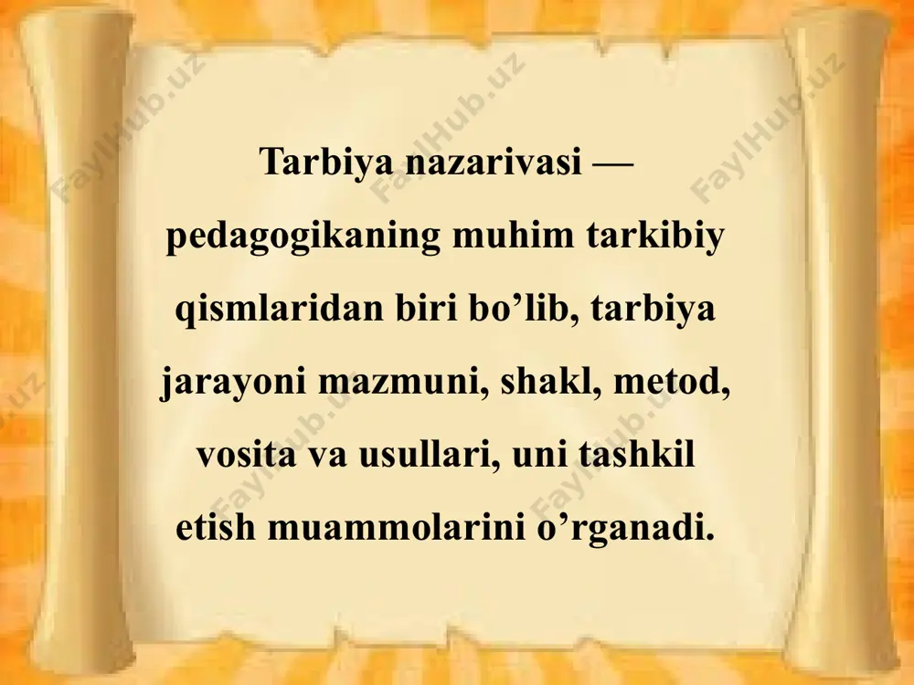 omatlashtirilgan shakli. tarbiya jarayonining yana bir xususiyati uning uzluksizligi sanaladi. ta'lim muassasasida olib borilayotgan tarbiya jarayoni bu – o’qituvchi va o’quvchilarning birgalikdagi uzluksiz, tizimli harakatlari jarayonidir. o’quvchilarda ijobiy sifatlarni qaror toptirishda yagona maqsad sari yo‗naltirilgan, bir-birini to‗ldiruvchi, boyitib boruvchi, takomillashtiruvchi faoliyat alohida ahamiyat kasb etadi. shu bois oila, ta'lim muassasalari, jamoatchilik hamkorligida tashkil etilayotgan tarbiyaviy tadbirlarning uzluksiz o’tkazilishiga erishish maqsadga muvofiqdir. etiboringiz uchun rahmat! image1.jpeg image2.jpeg image3.jpeg image4.jpeg image5.jpeg image6.jpeg image7.jpeg image8.jpeg image9.jpeg image10.jpeg image11.jpeg image12.jpeg image13.jpeg image14.jpeg image15.jpeg /docprops/thumbnail.jpeg