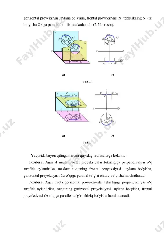 ijada, hosil bo‘lgan a1b1(a′1b′1,a″1b″1)kesma ab kesmaning α burchakka aylantirilgan vaziyati bo‘ladi. bu misolni quyidagisha yechish ham mumkin: ab kesmaning a′b′ gorizontal proyeksiyasiga i aylanish o‘qining gorizontal proyeksiyasi i′ dan unga perpendikulyar o‘tkaziladi. (2.5–rasm). hosil bo‘lgan e′o′ aylantirish radiusni talab qilingan α burchakka aylantiriladi va e′1o′ ga perpendikulyar qilib, (′ chiziq o‘tkaziladi. bu chiziqqa shakldagi a′e′=a′1e′1 va e′b′=e′1b′1 kesmalar o‘lshab qo‘yiladi. so‘ngra a′1 b′1 ning frontal proyeksiyasi a″1b″1 yasaladi. natijada ab kesmaning α burchakka aylantirilgan vaziyatining yangi a′1b′1 va a″1b″1 proyeksiyalari hosil bo‘ladi. rasm. rasm. 3–masala. izlari bilan berilgan umumiy vaziyatdagi p tekislikni i⊥h o‘qi atrofida α burchakka aylantirilish talab qilinsin (2.6-rasm). yechish. p tekislikning h(h′, h″) gorizontali i aylanish o‘qi orqali o‘tkaziladi va h∩i=>o(o′,o″) aniqlanadi. so‘ngra o′ nuqtadan pn ga o′e′ perpendikulyar tushiriladi. hosil bo‘lgan o′e′ berilgan p tekislikni i o‘q atrofida aylantirish radiusi bo‘ladi. tekislikning pn gorizontal izi o′e′ radius bo‘yisha α burchakka aylantirilganda, u p1n vaziyatni egallaydi. tekislikning …