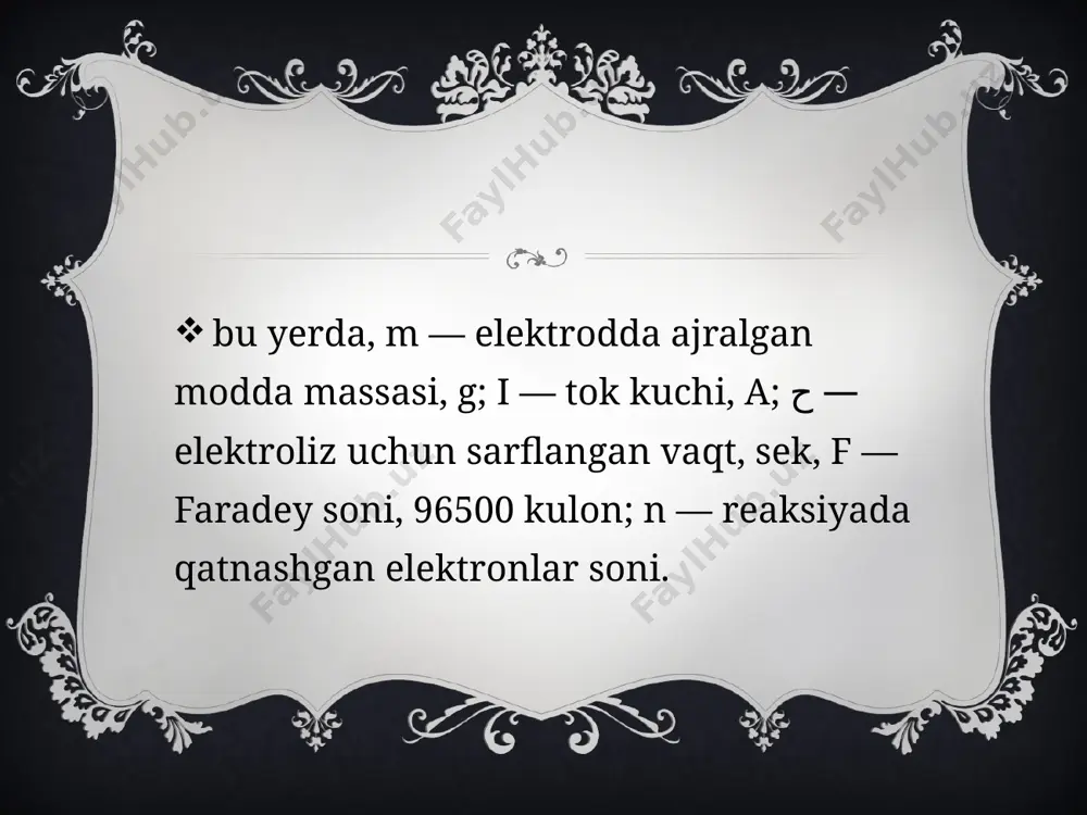 dagi taqqoslash elektrodining sirt yuzasi mikroelektrodning sirt yuzasiga ko‘ra beqiyos katta bo’lganligi uchun u qutblanmaydi. shuning uchun ham uning sirtida elektrod reaksiyalari sodir bo’lmaydi. ko'pincha taqqoslash elektrodi sifatida to‘yingan kalomel elektrodi ishlatiladi. idish tubiga quyilgan simob ham qutblanmaydigan elektrod vazifasini o‘taydi. bulardan tashqari merkur-yodid, kumush xloridli va boshqa taqqoslash elektrodlari ham qutblanmaydigan elektrod sifatida ishlatiladi. elektrodlarga berilgan kuchlanish u, ularni qutblaydi va elektrolitdan tokning o‘tishini ta’minlaydi u=ea-ek+irx bu yerda, i — tok kuchi, a:r — qarshilik, om; ea va ek — anod va katod potensiallari. agar eritmaning qarshiligini kamaytirsak, ir qiymat juda kichik bo’lib , u hatto nolga yaqinlashishi ham mumkin. qarshilikni kamaytirish uchun eritmaga biror befarq elektrolit (fon) qo‘shiladi. elektroliz davrida kuchlanishning o‘zgarishiga qaramasdan anodning potensiali amalda o‘zgarmaydi, chunki taxminan 10~5 a tok sirt yuzasi katta bo'lgan elektrodda nihoyatda kichik zichlikka ega bo‘lgan tokni hosil qiladi. shuning uchun ham uning polarizatsiyasi, odatda, kichik bo‘ladi -ek = u – ea …