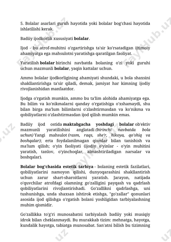 arini, estetik hissiyotlarini va tasavvurlarini tarbiyalashga qodir bo'lgan qimmatli, samarali qismidir. nazariy asoslar: estetik tarbiyadagi tamoyillar bolalar bog'chasida estetik tarbiyani tashkil etish bir necha printsiplarni hisobga olgan holda amalga oshiriladi: maqsadlar va maqsadlar maqsad atrof-muhitga nisbatan etarli darajada estetik munosabatni shakllantirishdir, kichkina odamga go'zallikni ko'rishga, tushunishga o'rgating. ta'lim idrok, tasavvurni shakllantiradi, xotirani, hissiyotlarni, qiziqishni, moyillikni, qobiliyatni rivojlantiradi. kundalik hayotga faol ijobiy munosabatni shakllantirishga yordam beradi. · chiroyli, chiroyli, oqlangan, uyg'un qadriyatlar to'g'risida g'oyani shakllantirish; · san'at, kundalik hayotda go'zallik haqidagi tasavvurlarni shakllantirish; · hissiy munosabatlarga, hamdardlik qobiliyatlariga, "did" tuyg'usiga ta'sir qilish; · ijodkorlik, badiiy tayyorgarlik uchun asos yaratadi. ta'lim natijasi: · yaxshi, chiroyli, to'g'ri haqida umumiy tushuncha; · shakl, mazmunni idrok etish; · sheriklik, hamdardlik; · his-tuyg'ular, taassurotlar, tasavvurning yorqinligi. go'zallikka bo'lgan munosabatni oshirish. qachon boshlash kerak? erta yoshdan boshlab, kichik bolalarni qiziqarli yorqin o'yinchoqlar va narsalar o'ziga jalb qiladi. ular quvonch hissini uyg'otadi, aniq zavq bag'ishlaydi. "chiroyli" tushunchasi shakllana …