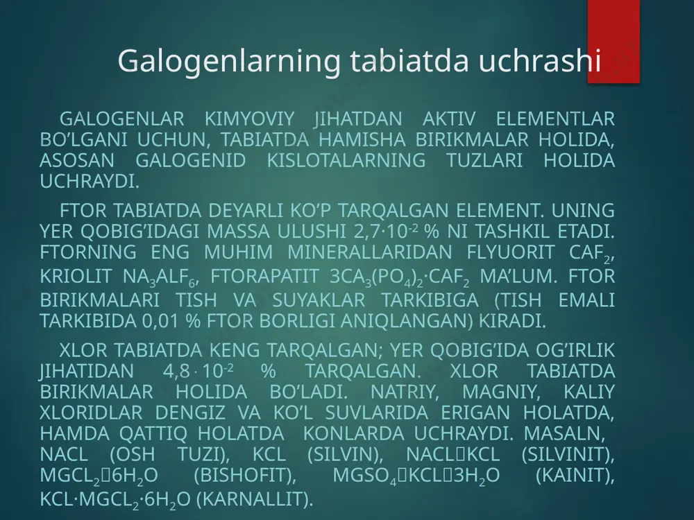 galogenlar suv va ishqor eritmasi bilan disproporsiyalanish reaksiyasiga kirishadi. gal2+h2o=hgal+hgalo gal2+2naoh=2nagal+nagalo+h2o ftor barcha elementlar bilan, hatto nodir gazlar bilan reaksiyaga kirishadi: xe+2f2→xef4 elementlarning nisbiy elektromanfiylik jadvalida f2 birinchi o’rinda joylashgan. ftor atomining radiusi kichik bo’lganligi sababli, uning yadrosi elektronlarini juda kuchli tortib turadi. shuning uchun ftor atomining tashqi qavatidan bironta elektronni chiqarib yuborish nihoyatda qiyin. ftor eng kuchli metallmas. ftor eng kuchli oksidlovchi. kislorod va azot bilan ftor bevosita birikmaydi, qolgan barcha elementlar bilan tagishli reaksion sharoitda bevosita birikadi. ftor vodorod bilan hatto qorong’uda ham shiddatli reaksiyaga kirishadi, −250 °c da bu reaksiya portlash bilan sodir bo’ladi. ftor oltin, platina singari nodir metallarga ularni cho’g’ holatigacha qizdirilganda, boshqa ko’pchilik metallarga odatdagi sharoitda ta'sir etadi. qo’rg’oshin, nikel va misning sirti ftor atmosferasida 100 °c dayoq shu metallarning ftoridlari qatlami bilan qoplanib, metallning ichki qismini ftor ta’siridan saqlaydi. ftor bilan birikma hosil qilgan elementlar ko’pincha o’zlarining mumkin bo’lgan maksimal valentligini namoyon qiladi. …