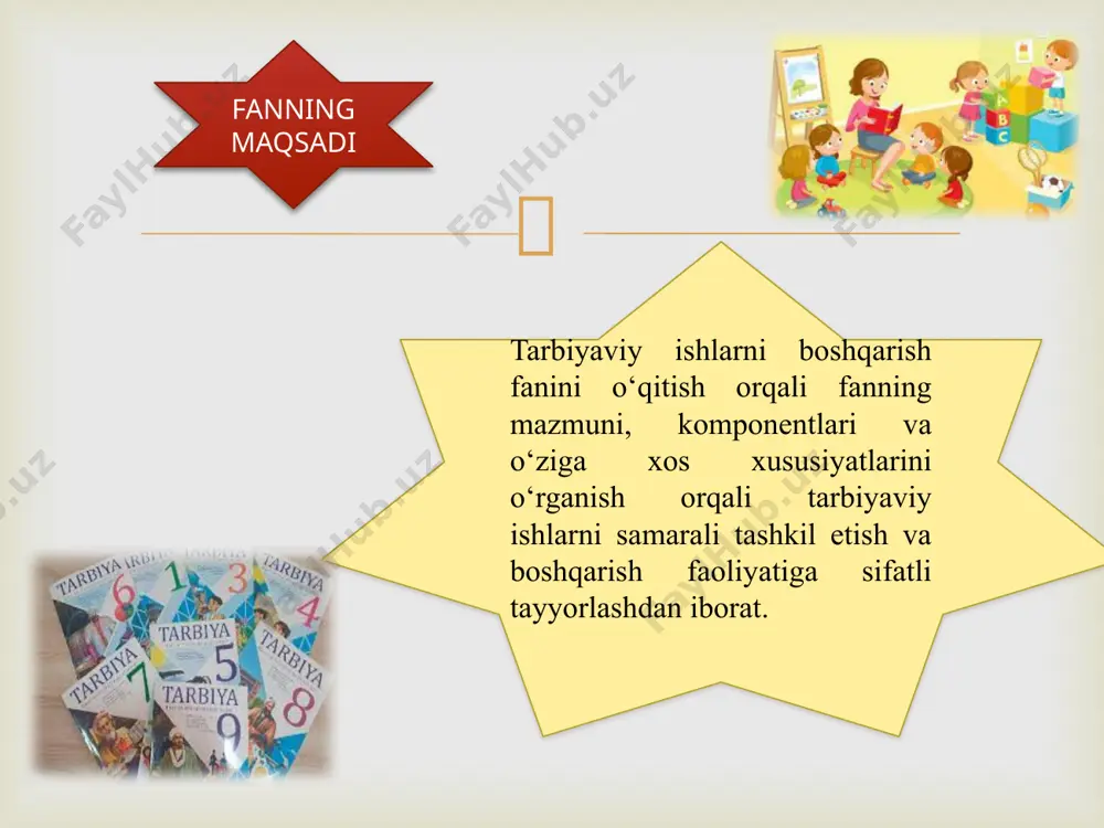 lar jarayonida qo`llaniladigan pedagogik ta`sir etish usul va vositalari.  ii-modul. tarbiyaviy ishlarni boshqarish fanini o`qitishning amaliy asoslari. 12-mavzu: ta`lim muassasalarida ma`naviy-ma`rifiy ishlar bo`yicha director o`rinbosari faoliyati. 13-mavzu: ma`naviy-marifiy ishlarni tashkil etish va boshqarishning mazmun mohiyati hamda pedagogik-psixologik xususiyatlari. 14-mavzu: ma`naviy-ma`rifiy ishlarni tashkil etishning tamoyillari va vazifalari. 15-mavzu: bo`lajak pedagoglarda boshqaruv madaniyatini shakllantirish.  thank you!!!  image4.png image5.png image6.png image7.png image8.png image9.png image10.png /docprops/thumbnail.jpeg