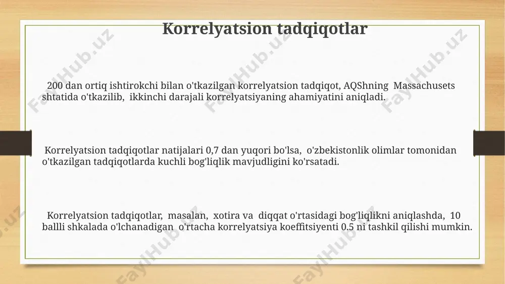 ar bazasini, masalan, 5000 nafar ishtirokchidan iborat namunani tahlil qilish orqali olingan natijalar, empirik tadqiqotlarning kuchi va ishonchliligini namoyish etadi. 1970-yillardan boshlab aqshda o‘tkazilgan ko‘plab empirik tadqiqotlar ijtimoiy ta’sirlarning inson xulq-atvoriga ta’sirini, xususan, konformizm darajasini aniqlashga qaratilgan. empirik tadqiqotlar natijalari, masalan, 200 nafar toshkentlik talabalarda o‘tkazilgan eksperimentdan olingan ma’lumotlar, psixologik nazariyalarni tekshirish va yangi gipotezalarni shakllantirishda muhim rol o‘ynaydi. kvalitativ tadqiqot usullari кўпинча сифатли тадқиқотларда 10 тадан кам бўлмаган ахборот манбаларидан фойдаланилади, бу таҳлилнинг чуқурлигини ва ишончлилигини оширади, масалан, самарқанддаги тарихий ёдгорликларни тадқиқ қилишда. сифатли тадқиқот усуллари, хусусан, кузатув ва интервьюлар орқали 5-10 та ҳолат тадқиқ қилиниши ва бу маълумотлар асосида назариявий моделлар яратилиши мумкин. бу жараёнда германия тажрибаларидан фойдаланиш мақсадга мувофиқ бўлади. сифатли тадқиқотларда 20 дан ортиқ иштирокчи билан суҳбатлар ўтказиш, маълумотларни таҳлил қилишда 3 та асосий мавзу бўйича кодлаш ва тошкент шаҳридаги мактаб ўқувчилари билан ўтказилган тадқиқот намунасини келтириш мумкин. miqdoriy tadqiqot usullari миқдорий тадқиқотларда, масалан, 100 нафар …