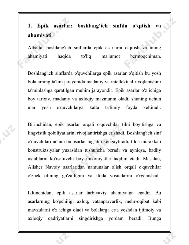 tarbiya berish vositasidir. bu jarayon yosh avlodni madaniy me'ros va tarixiy bilimlar bilan boyitadi, ularni har tomonlama rivojlanishiga yordam beradi, va ularning kelajakdagi muvaffaqiyatlariga zamin yaratadi. 2. boshlang‘ich sinf o‘quvchilari uchun epik asarlar tanlovi boshlang‘ich sinf o‘quvchilari uchun epik asarlar tanlovi mavzusiga oid axborotlar quyida keltirilgan. epik asarlar tanlovlari boshlang‘ich sinf o‘quvchilari uchun turli xil madaniy va ta'limiy maqsadlar uchun o‘tkaziladi. bunday tanlovlar maqsadi bolalarni milliy va xalqaro adabiyot asarlariga qiziqtirish, ularning tasavvur va ijodiy qobiliyatlarini rivojlantirish, shuningdek, nutq va til mahoratini oshirishga ko‘maklashishdir. bunday faoliyatlar bolalar uchun adabiyotga muhabbatni shakllantirish va ularga taklif etilgan asarlarning mohiyatini yaxshiroq anglash imkoniyatini beradi. 1. **tanlov formati**: - boshlang‘ich sinf o‘quvchilari uchun epik asarlar tanlovlari odatda o‘qish, hikoya qilish va drama ijrosi shaklida o‘tkaziladi. - tanlov ishtirokchilari odatda 1-sinfdan 4-sinfgacha bo‘lgan o‘quvchilar hisoblanadi. - tanlovga taqdim etiladigan asarlar qisqa hikoyalar, dostonlardan iborat bo‘ladi, chunki ular yosh bolalar uchun mos keladi. 2. **tanlovning maqsadi …