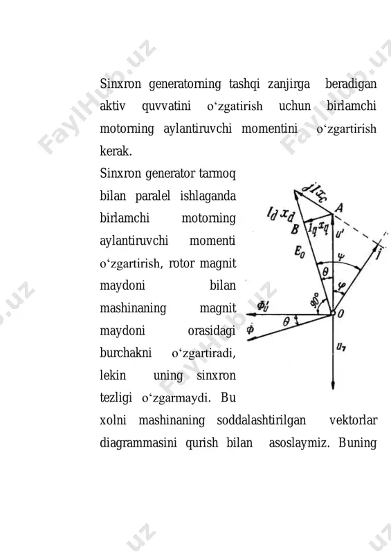 uning nominal quvvatining 1% dan kamrog‘ini hosil qiladi. shuning uchun amalda uni etiborga olmay p2pem deyilsa ham bo‘ladi. bunda p2= pem= mu’icos ga teng. yuqorida keltirilgan vektorlar diagrammasidan foydalanib, bu formulaning boshqacha yozamiz; diagrammadan =- , u xolda pem= m1u’icos(-)=m1u’icos  cos+ m1u’isin  sin vektor diagrammasidan: u’cos=ob= e0— isinxd diagrammadan: u’sin =ab= icosxq bundan: icos= qx u sin' endi ( ) va ( ) ifodalarni ( ) ga qo‘yib ayon qutbli mashinaning elektr magnit quvvatini aniqlaymiz:  2sin) 11 ( 2 ' sin ' 2 1 0 1 dqd эм xx u m x ue mp  bunda: xq va xd – ayon qutbli mashinaning ko‘ndalang va bo‘ylama o‘qi bo‘yicha induktiv qarshiligi. demak ayon qutbli sinxron mashinaning elektromagnit quvvati ikki qismdan, yahni asosiy elektromagnit quvvat эмаp hamda qo‘shimcha reaktiv elektromagnit quvvat эмрp dan iborat bo‘ladi. ayonmas qutbli sinxron mashinada xq=xd bo‘lganligi uchun эмkp 0 ga teng bo‘ladi, u xolda …