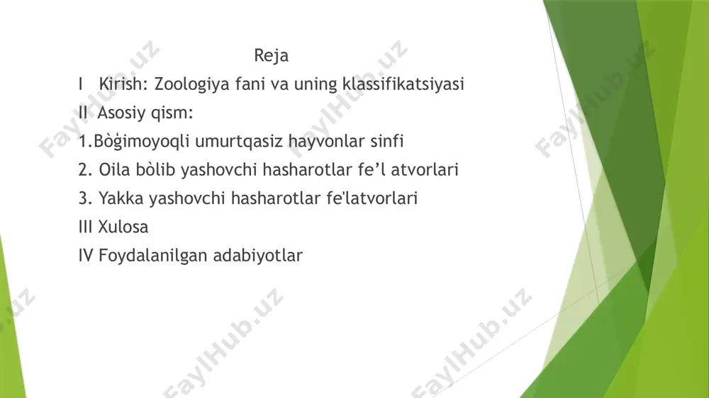 gan adabiyotlar j. urchiyev « zoologiya» o. mavlonov « biologiya» o. mavlonov « umurtqasizlar zoologiyasi» e’tiboringiz uchun rahmat 🙂 tuzuvchi: mamatxoshimova husnidaxon 😊 image1.jpeg image2.jpeg image3.jpeg image4.jpeg image5.jpeg image6.jpeg image7.jpeg image8.jpeg image9.jpeg image10.jpeg image11.jpeg image12.jpeg image13.jpeg