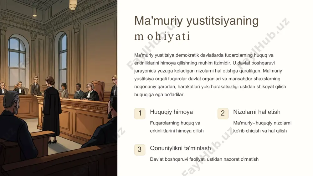 hal qilish ma'muriy yustitsiya orqali boshqaruv munosabatlaridan kelib chiquvchi ma'muriy - huquqiy nizolar hal qilinadi. 2 sud himoyasi ma'muriy yustitsiya ma'muriy sudlovni taqozo qiladi va eng avvalo sud himoyasini, odil sudlovni o'zida ifoda etadi. 3 sub'ektiv huquqlarni himoya qilish fuqarolarning sub'ektiv huquqlarini huquqiy himoya qilish ma'muriy yustitsiyaning asosiy maqsadi hisoblanadi. ma'muriy yustitsiya o r gan lar in in g m u staq illigi ma'muriy yustitsiya organlarining mustaqilligi uning muhim xususiyatlaridan biridir. bu xususiyat quyidagilarni o'z ichiga oladi: hokimiyat tarmoqlaridan mustaqillik ma'muriy sudlar qonun chiqaruvchi va ijro hokimiyati organlaridan mustaqil faoliyat yuritadi. qaror qabul qilishda erkinlik sudyalar o'z qarorlarini qabul qilishda tashqi ta'sirlardan xoli bo'ladi. moliyaviy mustaqillik ma'muriy sudlar o'z faoliyatini amalga oshirish uchun yetarli moliyaviy resurslarga ega bo'lishi kerak. ma'muriy yustitsiya orqali nazorat o'rnatish ma'muriy yustitsiya orqali davlat boshqaruvi faoliyati ustidan maxsus sud kontroli o'rnatiladi. bu nazorat quyidagi jihatlarg a e'tibor qaratadi: qonuniylik davlat organlari va mansabdor shaxslarning qarorlari va …