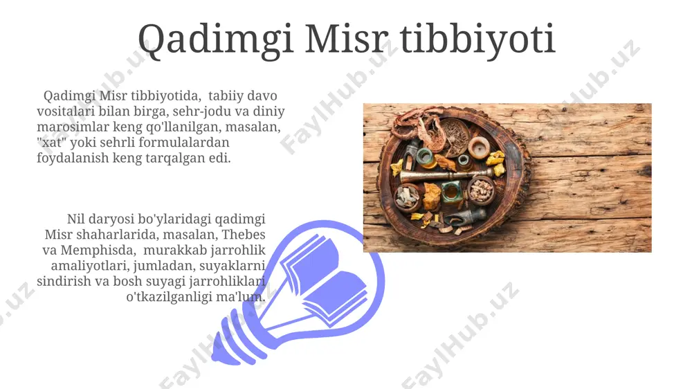 , olov, tuproq, metall va suv) ga asoslangan bo'lib, inson tanasidagi energiya oqimlarini muvozanatlashga qaratilgan. qadimgi mesopotamiya tibbiyoti mesopotamiya tibbiyot matnlari, masalan, "gilgameş" eposiga qo'shilganlar, jarrohlik amaliyotlari, jumladan, kraniotomiya va suyak sinishi kabi davolash usullarini batafsil tasvirlaydi. qadimgi mesopotamiya shifokorlari, miloddan avvalgi 3000 yillarda, kasalliklarni davolashda 250 dan ortiq o'simlik va mineral dorilarni qo'llaganlar, jumladan, sumer va akkad shaharlarida keng tarqalgan. qadimgi yunon tibbiyoti 01 02 kos orolida gipokrat maktabi tashkil etilgan bo‘lib, u erda 50 dan ortiq talaba tibbiyotning turli jihatlarini, jumladan, anatomiya va jarrohlikni o‘rgangan. sales 1st qtr 2nd qtr 100 0 sales 1st qtr 2nd qtr 100 0 e'tiboringiz uchun rahmat @taqdimot_robot image4.jpg image5.jpg image6.jpg image7.jpg image8.jpg image9.jpg image10.jpg image11.jpg image12.jpg image13.jpg image14.jpg image15.jpg image1.jpeg image2.jpeg image3.jpeg