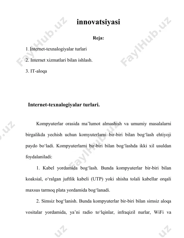 irasi) birgalikda foydalanish, hamda butun dunyo kompyuterlarini o‘zida birlashtirgan internet tarmog‘iga bog‘lanish mumkin. tarmoq taqdim etadigan xizmatlar. kompyuter tarmoqlari axborotlarni elektr signallari ko‘rinishida uzatish va qabul qilishga ixtisoslashgan muhit. tarmoqlar biror maqsadga erishish uchun quriladi, ya’ni bog‘langan kompyuterlar orqali biror masalalarni yechish uchun ixtisoslashtiriladi. tarmoq xizmatlariga quyidagilarni misol tariqasida keltirish mumkin: · fayl server xizmati. bunda tarmoqdagi barcha kompyuterlar asosiy kompyuterning (server) ma’lumotlaridan foydalanish yoki o‘z ma’lumotlarini asosiy kompyuter xotirasiga joylashtirish mumkin; · print server xizmati. bunda tarmoqdagi barcha kompyuterlar o‘z ma’lumotlarini xizmat joriy qilingan kompyuter boshqaruvi orqali qog‘ozga chop qilishi mumkin; · proksi server xizmati. bunda tarmoqqa ulangan barcha kompyuterlar xizmat joriy qilingan kompyuter boshqaruvi orqali bir vaqtda internet yoki boshqa xizmatlardan foydalanishi mumkin; · kompyuter va foydalanuvchi boshqaruvi xizmati. bunda tarmoqqa ulangan barcha kompyuterlarning va ularda qayd qilingan foydalanuvchilarning tarmoqda o‘zini tutishi hamda faoliyat yuritishi belgilanadi va nazorat qilinadi. axborotni uzatish va qabul qilish. tarmoq har doim bir …