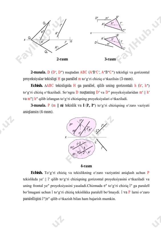l″||e″ qilib o‘tkazish bilan ham bajarish mumkin. tekisliklarning o‘zaro parallelligi ta’rif. agar bir tekislikka tegishli o‘zaro kesishuvchi ikki to‘g‘ri chiziqlar ikkinchi tekislikka tegishli o‘zaro kesishuvchi ikki to‘g‘ri chiziqlarga mos ravishda parallel bo‘lsa, bu tekisliklar ham o‘zaro parallel bo‘ladilar. agar q tekislikka tegishli ab kesishuvchi to‘g‘ri chiziqlar ikkinchi p tekislikka tegishli a1b1 kesishuvchi to‘g‘ri chiziqlarga mos ravishda o‘zaro parallel bo‘lsa, bu tekisliklar ham o‘zaro parallel bo‘ladi. ya’ni aq, bq bo‘lib, ab bo‘lsa va a1p va b1p bo‘lib a1b1 bo‘lsa hamda a || a1, b||b1 bo‘lganda q || p bo‘ladi (4.28-rasm). 5-rasm agar fazodagi ikki tekislik bir-biriga parallel bo‘lsa, chizmada bu tekisliklarning bir nomli izlari ham o‘zaro parallel bo‘ladi, ya’ni: q∥p bo‘lsa qh∥ph, qv∥pv va qw || pw bo‘ladi (6-rasm). 6-rasm 7-rasm chizmada profil proyeksiyalovchi tekisliklar uchun ularning gorizontal va frontal izlari parallel bo‘lishi yetarli bo‘lmaydi. masalan, 7-rasmda berilgan g va g1 tekisliklarda gh||g1h va gv||g1v bo‘lib, gw∦g1w bo‘lgani uchun g∦g1 bo‘ladi. …