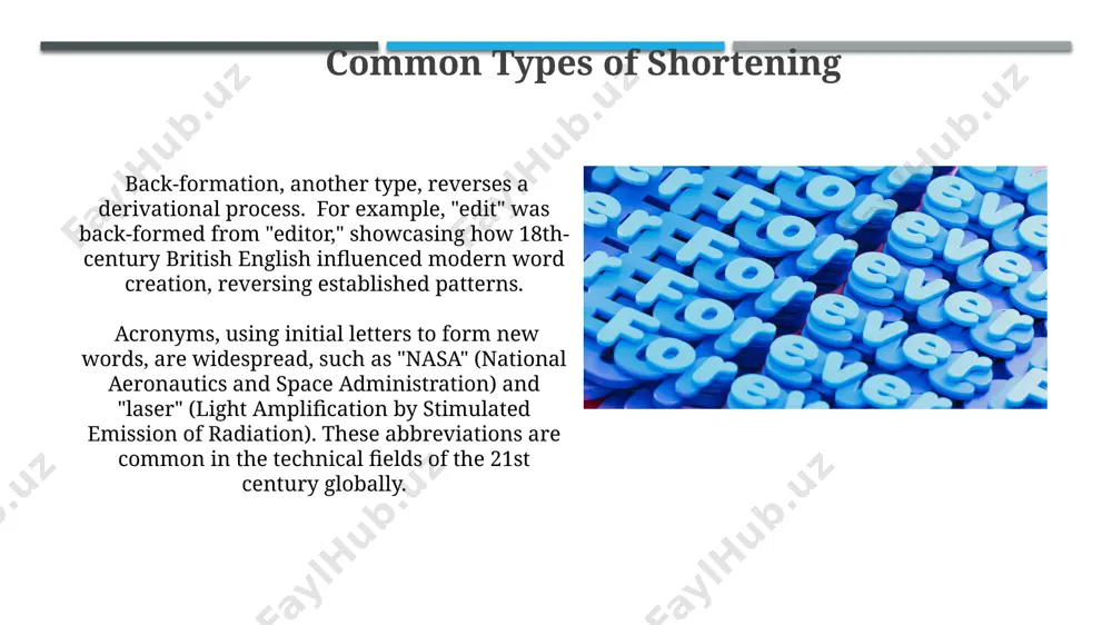 flecting a need for brevity. acronyms, formed from initial letters such as "nasa" (national aeronautics and space administration), exemplify a shortening strategy prevalent globally; their increasing use across various fields highlights the ongoing importance of concise communication in the digital age. thank you for your attention @taqdimot_robot image1.jpg image2.jpg image3.jpg image4.jpg image5.jpg image6.jpg image7.jpg