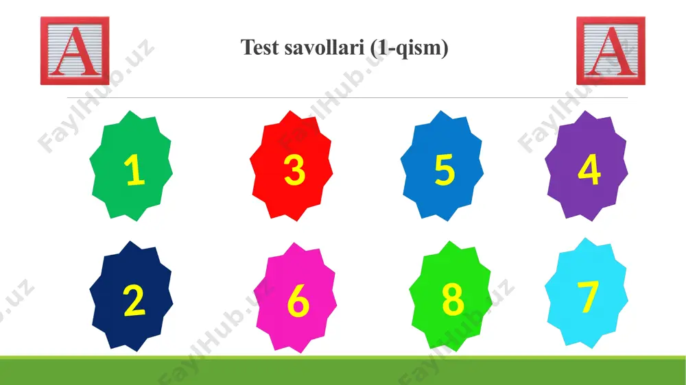 qaytish diqqat! 9-savol. kompyutеrni o‘chirganda malumotlar ham o‘chadigan xotira turini aniqlang. egiluvchan disk qattiq disk cd rom disk tezkor xotira diqqat! 10-savol. matn klaviatura qaysi klavishini bosish orqali doimiy katta harflarda terish rejimiga o‘tiladi? delete caps lock alt ctrl savollarni tanlashga qaytish diqqat! 11-savol. kompyutеr o‘chirishda qo‘llaniladigan tugmalar juftligini aniqlang ctrl+f4 shift+f4 alt+f4 enter+f4 savollarni tanlashga qaytish diqqat! 12-savol. modеm nima? analogli signallarni diskrеt signallarga o‘tkazib bеruvchi va aksincha amal bajaruvchi tеxnik qurilma elektromagnit to‘lqinlarni o‘zgartirishga mo‘ljallangan tеxnik qurilma tarmoq protokoli intеrnеt sеrvеri savollarni tanlashga qaytish diqqat! 13-savol. qattiq disk bu? kompyuterning tezkor xotirasi kompyuter videoxotirasi kompyuterning asosiy xotirasi kompyuter kesh xotirasi savollarni tanlashga qaytish diqqat! 14-savol. skaner – bu … ma'lumotlarni xotiradan o'chirish qurilmasi videotasvirlarni qayta ishlash qurilmasi malumotlarni qog‘ozga chiqarish qurilmasi grafik ma'lumotlarni kiritish qurilmasi savollarni tanlashga qaytish diqqat! 15-savol. 1kbayt bu: 1024 bayt 1000 bit 1000 bayt 1024 bit savollarni tanlashga qaytish diqqat! 16-savol. 1mbayt bu: 1000 …