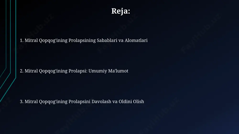 q prolapsining og'ir holatlarida, taxminan 10% hollarda, jarrohlik amaliyoti, masalan, mitral qopqoqni ta'mirlash yoki almashtirish, aqshning klivlend klinikasida ishlab chiqilgan usullar asosida o'tkaziladi. mitral qopqoq prolapsining ta'rifi oʻzbekistonda mitral qopqoq prolapsining tarqalishi boʻyicha aniq statistik ma'lumotlar cheklangan bo'lsa-da, jahon sogʻliqni saqlash tashkilotining ma'lumotlariga koʻra, rivojlangan mamlakatlarda bu kasallik 1000 kishidan 2-3 tasida uchraydi. mitral qopqoq prolapsining asosiy belgilaridan biri, taxminan 50 yoshdan oshgan ayollarda koʻproq uchrashi va koʻkrak qafasi ogʻrigʻi, nafas qisishi va yurak urishi tezlashuvi kabi alomatlar bilan namoyon boʻlishi hisoblanadi. mitral qopqoq prolapsining ogʻirligi turlicha boʻlib, ba'zi hollarda asemptomatik (hech qanday alomatsiz) oʻtishi mumkin, boshqa hollarda esa 2-3 darajali prolaps aniqlanishi va davolanishni talab qilishi mumkin. qoʻshimcha tekshiruvlar, masalan, ekokardiografiya, tashxis qoʻyishda muhim rol oʻynaydi. mitral qopqoq prolapsining tashxisi mitral qopqoq prolapsining tashxisi ko'pincha 30-40 yosh oralig'idagi ayollarda uchrab, ekokardiogramma yordamida, toshkentdagi yetakchi klinikalarda aniqlanadi, va prolapsning og'irlik darajasini aniqlash uchun doppler tekshiruvi qo'llaniladi. mitral qopqoq prolapsining tashxisini …
