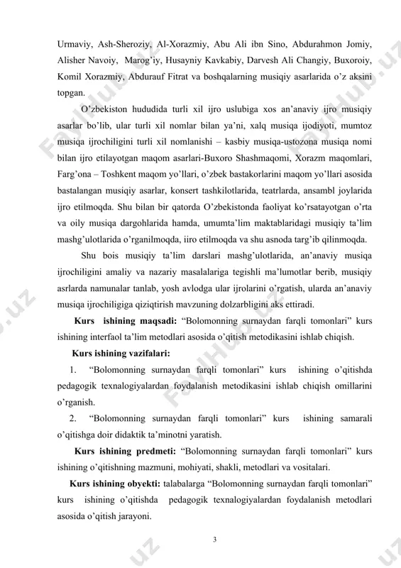 dolzarbligini aks ettiradi. kurs ishining maqsadi: “bolomonning surnaydan farqli tomonlari” kurs ishining interfaol ta’lim metodlari asosida o’qitish metodikasini ishlab chiqish. kurs ishining vazifalari: 1. “bolomonning surnaydan farqli tomonlari” kurs ishining o’qitishda pedagogik texnalogiyalardan foydalanish metodikasini ishlab chiqish omillarini o’rganish. 2. “bolomonning surnaydan farqli tomonlari” kurs ishining samarali o’qitishga doir didaktik ta’minotni yaratish. kurs ishining predmeti: “bolomonning surnaydan farqli tomonlari” kurs ishining o’qitishning mazmuni, mohiyati, shakli, metodlari va vositalari. kurs ishining obyekti: talabalarga “bolomonning surnaydan farqli tomonlari” kurs ishining o’qitishda pedagogik texnalogiyalardan foydalanish metodlari asosida o’qitish jarayoni. i bob. o‘zbekistonda damli va zarbli cholg'ular ijrochiligi tarixi 1.1. xix asr oxiri xxasr boshlarida o‘zbek milliy cholg‘ulari xix asrning oxiri xx asrning boshlarida o‘rta osiyoga kelgan sayohatchilar bu yerdagi milliy musiqa cholg‘ularining rang-barangligi va turlarining ko‘pligini ko‘rib hayron qolishgan. ular chor rossiyasi tomonidan bosib olingan yerlardan tashqari, hukumat qo‘shinlarining oyog‘i yetib bormagan tog‘li hududlarga ham borishga muvaffaq bo‘lishgan va turli joylardan musiqa cholg‘ularini …