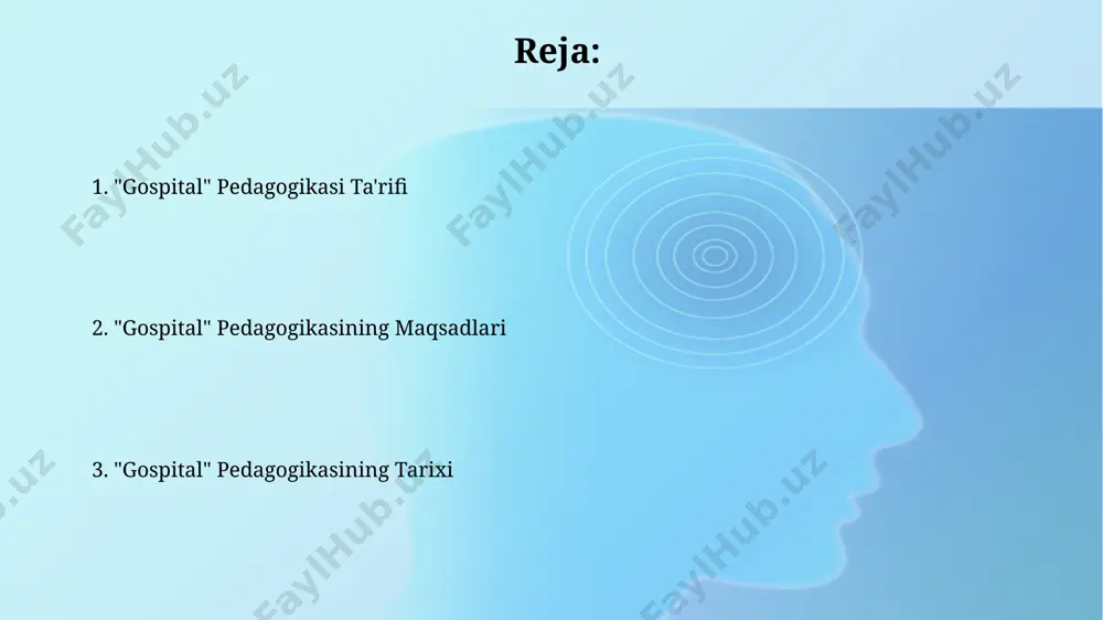 dagogikasida o'qituvchilarning 70% dan ortig'i amaliy tajribaga ega bo'lmaganligi sababli, nazariy bilimlarni amaliyotga tatbiq etishda qiyinchiliklar mavjud. bemorlarning maxfiyligiga rioya qilish, axloqiy normalar va huquqiy jihatlarning murakkabligi gospital pedagogikasi o'quv jarayonida qo'shimcha 5-10% vaqt talab qiladigan muammolarni keltirib chiqaradi. gospital pedagogikasi va oila “gospital pedagogikasi va oila” o‘quv dasturi 3 yoshdan 7 yoshgacha bo‘lgan bolalar uchun mo‘ljallangan bo‘lib, ularning ijtimoiy-emotsional rivojlanishiga 15 ta o‘quv modullari orqali yordam beradi. gospital pedagogikasi metodologiyasi 2015 yildan beri amalda qo‘llanib kelinmoqda va 5000 dan ortiq bola va oilaga ijobiy ta’sir ko‘rsatganligi aniqlangan. gospital pedagogikasida zamonaviy texnologiyalar “gospital pedagogikasi”da 3d modellashtirish va virtual reallik texnologiyalaridan foydalanish, talabalarga 15 ta turli xil klinik holatlarni 360° burchak ostida o'rganish imkoniyatini beradi, bu esa amaliy ko'nikmalarni rivojlantirishga yordam beradi. zamonaviy simulyatsiya dasturlari orqali "gospital pedagogikasi"da 50 dan ortiq kasalliklarni diagnostika qilish va davolash bo'yicha virtual amaliyotlar o'tkaziladi, bu esa xatoliklarni xavfsiz muhitda tahlil qilish imkoniyatini beradi. tibbiy xodimlarni …