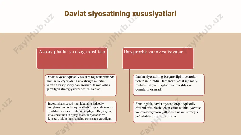 hamkorlik investitsiya faoliyatini rag'batlantirishda muhim ahamiyatga ega. bu hamkorlik kelajakda iqtisodiy rivojlanishda muhim rol o'ynaydi. investitsiyalarni jalb qilishda davlatning roli davlatning asosiy vazifalari davlat investitsiya muhitini yaxshilash uchun qonunchilikni takomillashtirishi va iqtisodiy barqarorlikni ta'minlashi zarur. strategik yondashuvlar davlat xalqaro hamkorlikni rivojlantirish, investitsiya forumlarini o'tkazish va innovatsion texnologiyalarni jalb qilish orqali strategik yondashuvlarni amalga oshirishi kerak. photo by timo wagner on unsplash photo by lala azizli on unsplash davlatning investitsiya siyosati roli davlatning investitsiya siyosati asosiy vazifalari quyidagilardan iborat: iqtisodiy o'sishni rag'batlantirish, yangi ish o'rinlarini yaratish, milliy iqtisodiyotning barqarorligini ta'minlash va xorijiy investitsiyalarni jalb qilish. davlat investitsiya muhitini yaxshilash orqali investorlar uchun qulay sharoitlar yaratadi. investitsiya siyosatining iqtisodiy o'sishga ta'siri katta. yangi loyihalar va investitsiyalar iqtisodiy faoliyatni oshiradi, ishlab chiqarishni kengaytiradi va milliy daromadni ko'paytiradi. xorijiy investitsiyalar orqali texnologiya transferi amalga oshadi, bu esa mahalliy ishlab chiqaruvchilarni raqobatbardosh qilishga yordam beradi. davlat siyosati orqali investitsiyalarni rag'batlantirish usullari orasida soliq imtiyozlari, subsidiyalar, …