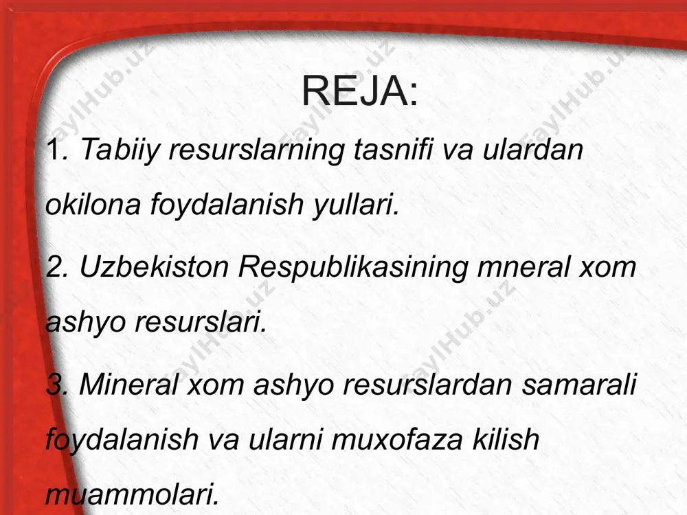 ga kura, agar kazilma boyligidan xozirgi sur`atdan foydalanilsa, oltin 30-35yilda, rux 36: surma -70: kaliy-40: uran-47: mis -66: simob-70: kumir,neft`, gaz, 150 yilda tugab kolishi mumkin.shu sababli kupgina rivojlangan mamlakatlar: yaponiya, angliya, germaniya, italiya, gollandiya, belgiya va boshka mamlakatlarda xom ashe, er osti boyliklari etishmasligi okibatida ikkilamchi chikindilarni kayta ishlash va boshka mamlakatlarning boyliklaridan foydalanilmokdalar. fan texnikaning rivojlanishi, olimlarni yana xam yangi mineral konlarni kashf kilishga majbur kilmokda. masalan, yaponiya olimlarining ma`lumotlariga kura, okean tagidagi metall koncentraciyalari xisobiga dune sanoatini xozirgi iste`mol darajasi mis bilan 2000 yil, nikel bilan 70 000 yil marganec bilan 14 000 yil ta`minlash mumkin. bu boyliklardan dune sanoati extiej uchun 1% dan 20 % gacha foydalanilmokda. bundan tashkari er osti minerallari kupchilik xollarda 1 eki 2 metall xisobga kazib olinib kolgan kismi atrof muxitga tashlab yuboriladi. masalan, 100t. granitdan 8.alyuminiy, 5t. rux, 0.5 t.titan, 80 kg. marganec, 30 kg. xrom, 17 kg,nikel, 14 kg. vanadiy …