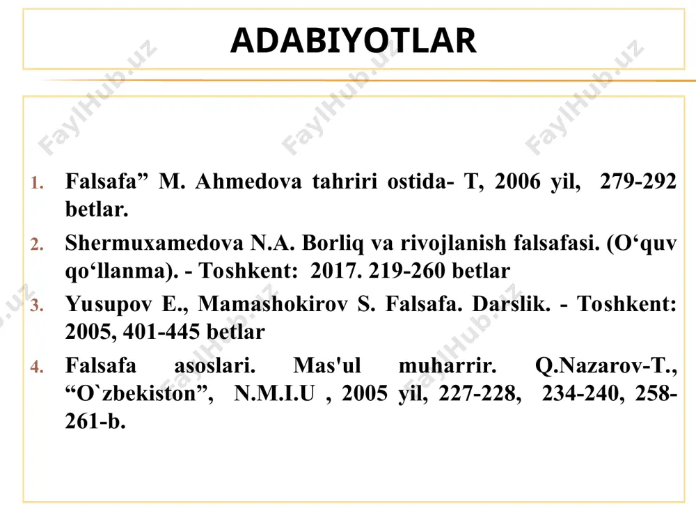 hegarasi- ni qayd etuvchi tavsif- ni ifodalash uchun mo‘ljallangan fal- safiy kategoriya. cheksizlik – amaldagi qonunlarga bo‘ysunmaydigan, ularni aksioma tarzida qo‘llab bo‘l- maydigan, qism butunga teng bo‘lib qoluvchi borliqdir cheksizlik olamning chekliligi va cheksizligi 1) materiya inson ongiga bog’liq bo’lmagan holda mavjud obyektiv reallik. uni yaratib ham, yo’qotib ham bo’lmaydi. 2) materiya, ya’ni moddiy olamdagi har qanday narsa va hodisalar doimo harakatda, o’zgarishda, rivojlanishda bo’ladi. bu materiyaning mavjudlik shakllarida namoyon bo’ladi. 3) inson o’z faoliyati jarayonida moddiy olamdagi narsa, hodisa, jarayonlarning xossalari va mohiyatini bilib boradi. materiya ( moddiy olam) ning o`ziga xos xususiyati materiyaning namoyon bo`lish shakllari. harakat (umuman o’zgarish, obyektlarning o’zaro ta’siri) fazo (dunyoni tashkil etuvchi obyektlarning joylashish tartibi, ko’lami va miqyosi) vaqt (olamda sodir bo’luvchi hodisalar va jarayonlarning ketma-ketligi davomiyligi) * harakat shakllari mexanik fizik кimyoviy biologik ijtimoiy * progress regress orqaga qaytmaslik va muayyan yo‘nalishga egalik xos bo‘lgan harakat tipi rivojlanish deb ataladi. bunda narsa yoki …