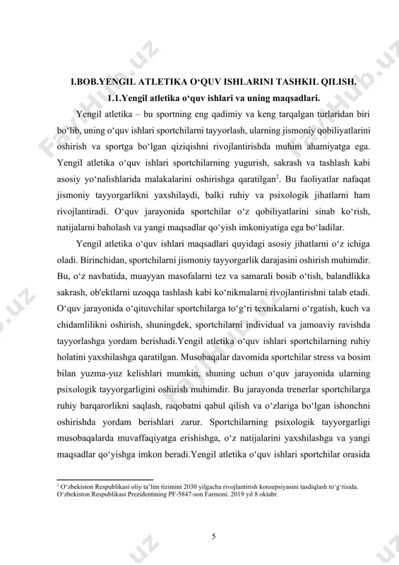 i ham juda muhimdir. trenerlar sportchilarga to‘g‘ri texnikalarni o‘rgatish, tayyorgarlik jarayonini rejalashtirish va natijalarni baholashda yordam berishlari zarur. ular sportchilarni rag‘batlantirish, motivatsiya berish va ularning o‘sishiga hissa qo‘shish vazifasini bajaradilar. trenerlar sportchilarning individual ehtiyojlarini hisobga olib, ularga mos keladigan tayyorgarlik dasturlarini ishlab chiqishlari kerak.yengil atletika o‘quv ishlari davomida xavfsizlikni ta'minlash ham muhim ahamiyatga ega. sportchilar o‘zlarini himoya qilish va jarohatlardan saqlanish uchun zarur choralarni ko‘rishlari kerak. o‘qituvchilar va trenerlar sportchilarga xavfsiz muhitda o‘qish va mashq qilish imkoniyatini yaratishlari shart. bu jarayonda to‘g‘ri uskunalardan foydalanish, texnikani to‘g‘ri bajarish va sog‘lom turmush tarzini saqlash muhimdir.yengil atletika o‘quv ishlari sportchilarning jismoniy qobiliyatlarini oshirish, ruhiy holatini yaxshilash, jamoaviy ruhni rivojlantirish va sog‘lom turmush tarzini ta'minlashga qaratilgan. bu jarayon sportchilarning o‘z maqsadlariga erishishlari, yangi yutuqlarga intilishlari va sportning rivojlanishiga hissa qo‘shishlariga yordam beradi. o‘quv jarayoni davomida sportchilar o‘z qobiliyatlarini sinab ko‘rish, natijalarni baholash va kelajakdagi musobaqalarga tayyorgarlik ko‘rish imkoniyatiga ega bo‘ladilar. shunday qilib, yengil atletika …