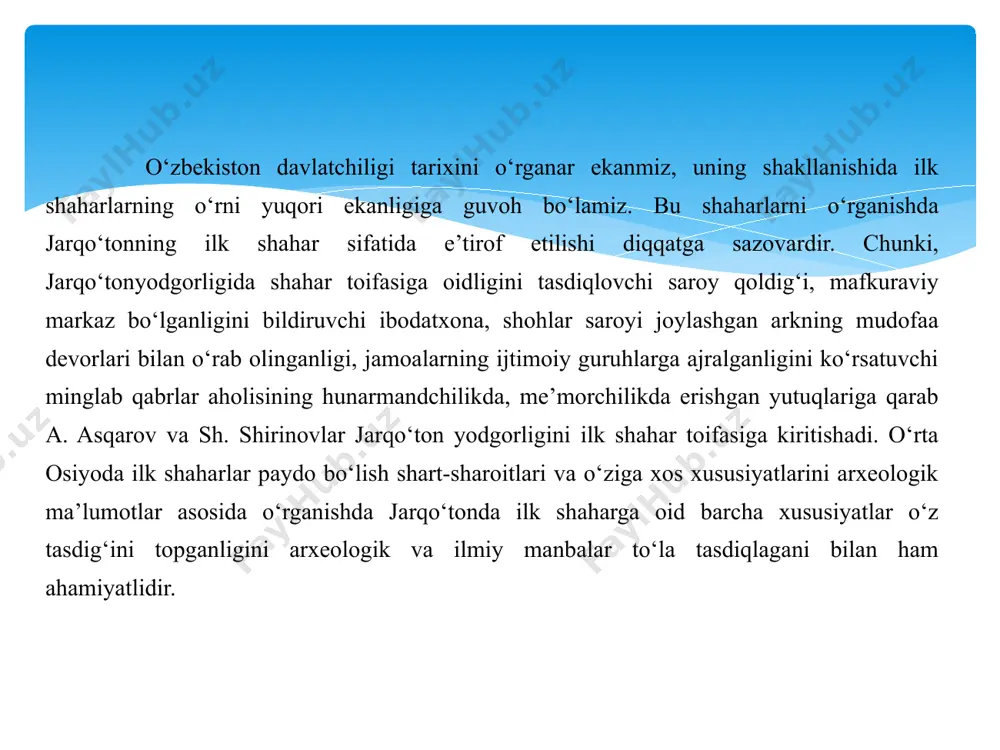 o‘rganilgan jarqo‘ton, dashli i kabi yodgorliklar bu davr shaharlari bo‘lib o‘zaro bog‘liqlik aloqalarini kuzatish mumkin. 2. hududiy davlat markazi rolini bajargan shaharlar. bu davr shaharlari mil.avv i mingyillik boshlarida tashkil topgan. qiziltepa, jondavlatepa, dalvarzin, ashqaltepa (farg‘ona), ko‘ktepa va boshqa yodgorliklar hududiy davlatlarning siyosiy va mafkuraviy markazi bo‘lgan. 3. markazlashgan davlatlar, imperiyalar davri shaharlari. o‘rta osiyo hududlarida qadimgi baqtriya, katta xorazm podsholiklarining vujudga kelishi va bularning ahamoniylar imperiyasi tarkibiga kirishi bilan shaharlar taraqqiyotining ushbu bosqichi boshlanadi. shaharlashish jarayonini 3 bosqichga bo‘lish mumkin. birinchi bosqichda yirik markazlarda madaniy va iqtisodiy omillar to‘plansa, ikkinchi bosqichda qishloq aholisining shahar madaniyatiga qo‘shilish jarayoni kuzatiladi. uchinchi bosqichda shaharlar ma’lum bir hududlardagi aholining, jamiyatning hayotidagi asosiy ajralmas tarkibiy bo‘g‘iniga aylanadi. ana shunday xususiyatlarni o‘zida aks ettirgan jarqo‘ton borasidagi tadqiqotlarni tahlil qilish muhim ahamiyatga ega. o‘zbekistoning janubiy viloyatlarida mil. avv. ii mingyillikning birinchiyarimi davomida ilk shahar madaniyati tarkib topdi. ushbu shahar madaniyatining iqtisodiy, ijtimoiy va etnomadaniy asoslari surxondaryo …