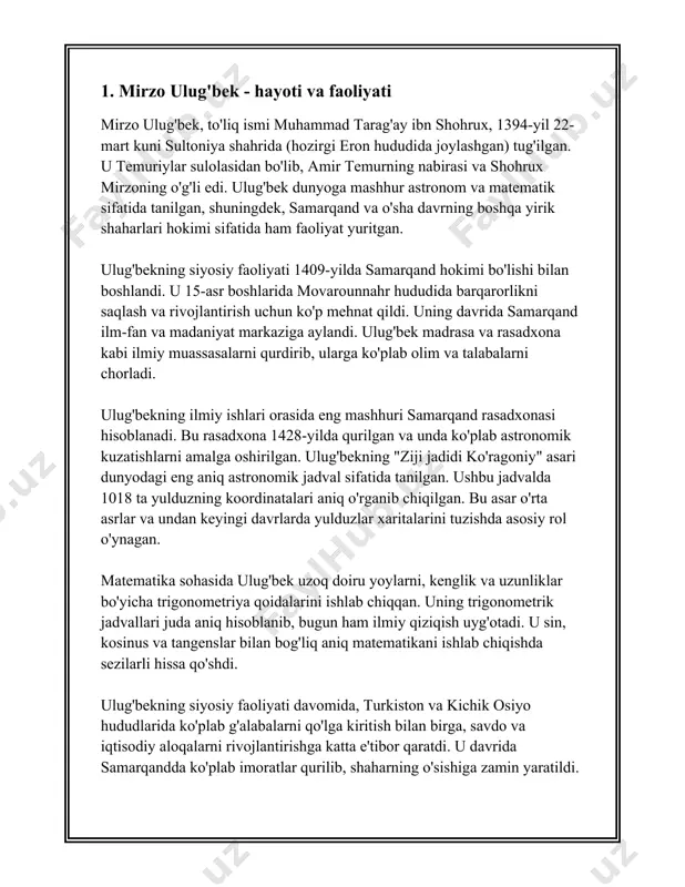 rgan. u ilmiy izlanishlarda aniq o‘lchovlar va tahlilga katta urg‘u berdi. ulug‘bekning ishlari u vaqtda yevropa, hindiston va boshqa mintaqalarda ham qiziqish uyg‘otdi. umuman olganda, ulug‘bek va uning ilm-fanga qo‘shgan hissasi, avvalo, markaziy osiyo madaniyatini va ilmiy merosini boyitgan, shuningdek, butun dunyo ilmiy jamoatchiligiga katta ta'sir ko‘rsatgan. 3. samarqandda ulug'bekning astronomik rasadxonasi samarqandda joylashgan ulug'bekning astronomik rasadxonasi o'rta osiyodagi eng mashhur ilmiy markazlardan biri bo'lgan. u 1420-yillarda ulug'bekning tashabbusi bilan qurilgan va o'sha davrdagi eng yirik va aniq astronomik asbob-uskunalarni o'z ichiga olgan. ulug'bek, amir temurning nabirasi, o'z davrining buyuk olimlaridan biri bo'lib, samarqandni ilmiy va madaniy markazga aylantirishda muhim rol o'ynagan. uning rahbarligi ostida samarqandda astronomiya, matematika va boshqa fanlar rivojlandi. rasadxona samarqandning shimolidagi ko'hak tepaligida joylashgan edi. rasadxona binoining markaziy qismida ulkan kvadrant joylashgan bo'lib, uning radiusi 40,2 metr edi. ushbu asbob yordamida astronomlar quyosh, oy va boshqa sayyoralarning harakatini o'lchashgan. kvadrant zamonaviy astronomiya uchun juda muhim bo'lgan …