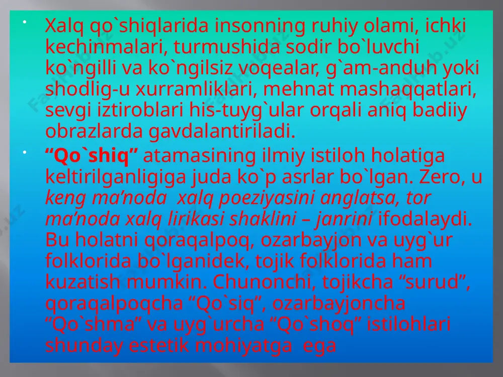 ab” arabcha – forscha – turkcha-mo`g`ulcha to`rt tilli lug`atida arabcha “she`r” istilohi turkiyda “qo`shiq” de-yilishini izohlab, unga “-chi” qo`shimchasini qo`shib yasalgan “qo`shiqchi” so`zi mohiyatan “shoir” atamasiga ekvivalent ekanligini shunday ta’kidlaydi: «she`r ko`toh guft shoir – qisqa qo`shiq aytdi qo`shiqchi alisher navoiy ham” “mezon ul – avzon (“vaznlar o`lchovi”) asarida “qo`shiq” istilohini “poeziya” ma’nosida qo`llab, yana uning ayolg`u, lahn, turki deb yuritilishini, ayni chog`da bular xalq poeziyasining ichki shakllari sifatida uchrashini ta’kidlaydi. alisher navoiy “qo`shiq”ning tor ma’noda janr tushunchasiga egaligiga alohida diqqat qilib yozadi: “yana qo`shiqdurkim, org`ushtak usulida shoyi`dur va ba’zi advor kutubida ul usul bo`lubtur va ul surud a’robning teva surur hudilari vazni bila madidi musammani solimda voqe bo`lur, aning asli bu na’vdurkim, bayt: vahki ul oy hasrati dardi dog`i firqati, ham erur jonimga o`t ham hayotim ofati.” navoiy bunda kuy bastalangan, vale aruzda bitilgan xalq qo`shig`ini ko`zda tutadiki, hozir bunday hodisa “ashula” istilohi ostida qo`shiqdan farq qilinadi va qo`shiqning …
