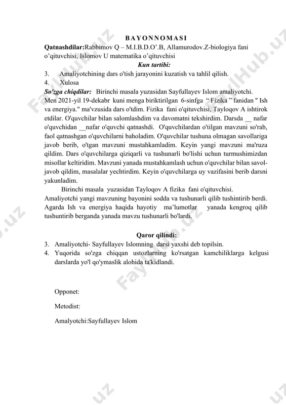 _________________________________________________________________________________________________________________________________________ amaliyotchi talaba ___________________________________________ sana_________ tahlil qiluvchilar:1.__________________________________________________________ 2.__________________________________________________________ 3. _________________________________________________________ № mashg’ulotga (o’qituvchiga) oid ko’rsatgichlar mazmuni yuqori ball quyilgan ball izoh 1.darsning tashkiliy ko’rsatgichlari (14 ball) 1 darsning belgilangan vaqtda boshlanishi 4 2 xonaning darsga tayyorgarlik darajasi 2 3 sinf jurnalining rasmiylashtirilish xolati 2 4 davomat ko’rsatgichi 6 2.darsning o’quv -uslubiy ta’minot darajasi (9 ball) 5 mavzuga doir o’quv -uslubiy adabiyotlarni mavjudligi 3 6 mavzu bo’yicha tarqatma materiallarni mavjudligi 3 7 mavzuning taqvim rejaga mosligi 3 3.darsning ilmiy- uslubiy ko’rsatkichlari (21 ball) 8 oldingi mavzuni o’zlashtirsh ko’rsatgichini tekshirish 2 9 yangi mavzuni oldingi mavzu bilan bog’lanishi 2 10 mavzu dolzarbligini asoslanishi 3 11 faktlarning asoslanishi 4 12 o’quvchilarni faolllik darajasi 4 13 o’quvchilarni mavzuni qabul qilish darajasi 4 14 yagi mavzuni o’zlashtirish sifatini nazorati 2 4.darsning bayon etish usuli (30 ball) 15 dars bayoni usulinig sifat darajasi 6 16 darsning interfaollik darajasi 6 17 darsda akt foydalanish darajasi 4 18 …