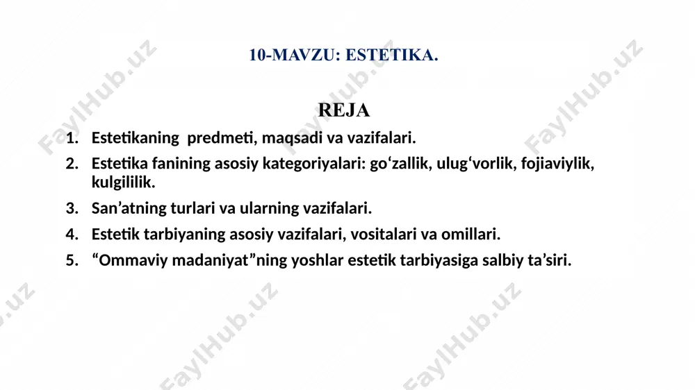 brazli ifodalarni o‘rinli ishlatish nafosatning xususiyatlari yaqqol ko‘zga tashlanadi hayot realistik tasvirning kuchayishi va mumtoz adabiyotda qadimiy an’analarga murojaat hissiyot va kechinmalarning ijobiy bo‘lishi hayot go‘zalligini ta’minlaydi hayotga estetik munosab individual xarakterga ega falsafiy mohiyati san’atshunoslik va adabiyotshunoslik fanlari erishgan yutuqlardan umumiy xulosalar chiqaradi xulosalar asosida insonni go‘zallik orqali haqiqatga yetishtirishga xizmat qiladi falsafa – estetika + san’atshunoslik + badiiy adabiyot + haqiqat tadqiqot ob’ektiga yondoshuv nazariy jihatdan amalga oshiriladi, bunda tarix ham, tanqid ham nazariyaga bo‘ysundiriladi san’at asarining mavjudlik shartlarini muayyan tizim sifatida tadqiq etadi estetikaning boshqa fanlar bilan o`zaro aloqalari etika dinshunoslik pedagogika psixologiya sotsiologiya semioteka fanlararo bog‘liqligi etika insonning hatti-harakati axloqiylik va nafosatga tegishli psixologiya go‘zallikni yaratish va idrok etish hissiyotlar bilan bog‘liq sotsiologiya dinshunoslik pedagogika san’at asari ijtimoiy munosabatlar tizimini sifatida badiiy tadqiq qiladi diniy g‘oyalar badiiyat orqali ifoda topgan estetika tarbiyaning strategiyasi amaliy ahamiyati tarbiya jarayonlarini takomillashtirishda dizaynchi-injenerlar, atrof-muhitni go‘zallashtirish bilan shug‘ullanadigan mutaxassislarning ish faoliyatida …