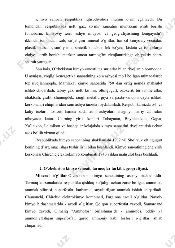 bamid, suyultirilgan ammiak ishlab chiqariladi. chunonchi, chirchiq elektrokimyo kombinati, farg`ona azotli o`g`itlar, navoiy kimyo birlashmalarida - azotli o`g`itlar, qo`qon superfosfat zavodi, samarqand kimyo zavodi, olmaliq "ammofos" birlashmasida - ammofos, oddiy va ammoniylashgan superfosfat, quruq ammoniy kabi fosforli o`g`itlar ishlab chiqariladi. respublika kimyo sanoati korxonalari bir yilda 2,8 mln. t. azotli, 1,2-1,3 mln. t. fosforli o`g`itlar ishlab chiqarish quvvatiga ega. mamlakat o`zining mineral o`g`itlarga bo`lgan ehtiyojini to`la qondiradi va ma`lum qism (o`rtacha yiliga 26-30 mln. aqsh dollariga teng miqdorda) o`g`itni chetga eksport qiladi. biroq, o`zbekistonda kaliyli o`g`it ishlab chiqarilmaydi. shuning uchun qashqadaryo viloyatidagi kaliy tuzlari negizida tubagatan kaliy zavodi qurilmoqda. sulfat kislota-kimyo sanoati tarmoqlari uchun muhim xom ashyodir. respublikada sulfat kislota olmaliq "ammofos" birlashmasi, samarqand kimyo zavodi, navoiy kon-metallurgiya kombinati, muborak gazni qayta ishlash majmuasida ishlab chiqariladi. soda sanoatining markaziy osiyodagi yagona bo`lgan korxonasi qo`ng`irot soda zavodi bo`lib, uning yillik loyiha quvvati 210 ming t. soda. kimyoviy tolalar va iplar (polimerlar) …
