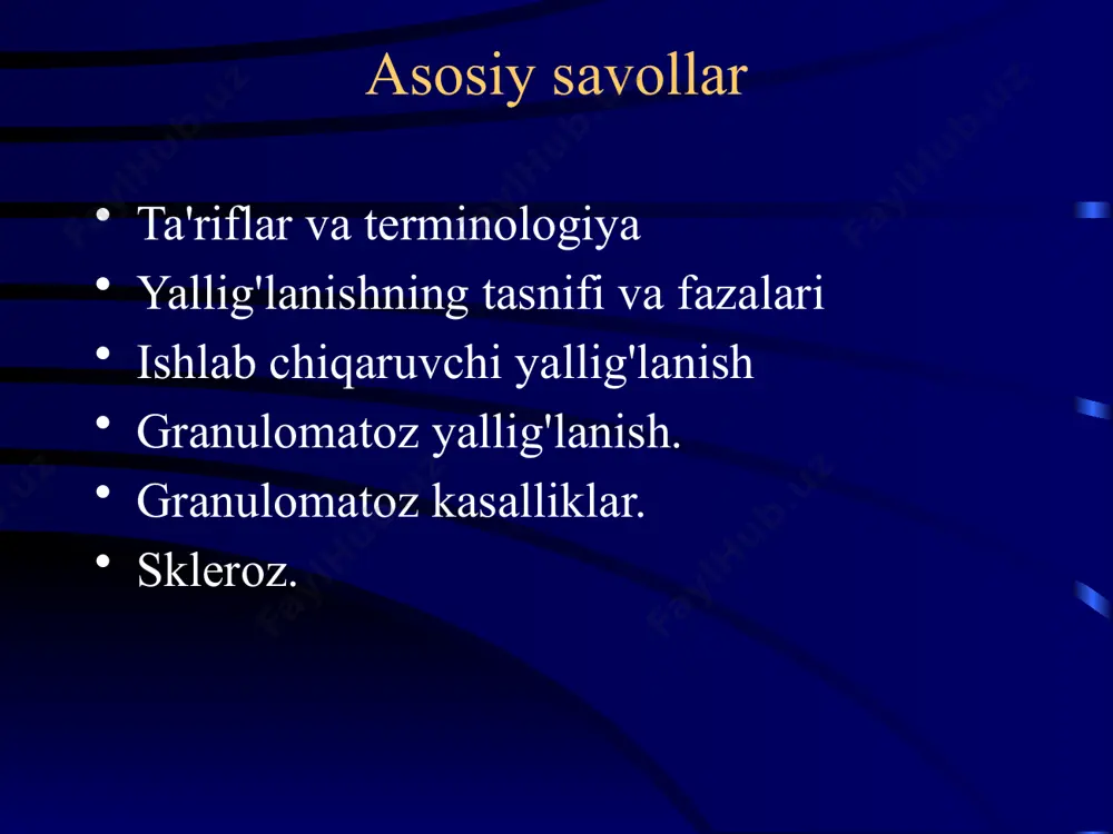 nonukulyar fagotsitlar tizimi qon monotsitlari 1-2 kun yashaydi. to'qimalarning makrofaglari - bir necha oy: jigar kupfer hujayralarida; taloq va limfa tugunlarida sinus gistiotsitlari mavjud; o'pkada, alveolyar makrofaglar; teridagi langergans hujayralari. mononukulyar makrofag tizimi (rp diagrammasi ) ishlab chiqaruvchi yallig'lanish interstitsial granulomatoz poliplar va genital siğillarning shakllanishi bilan hayvon parazitlari atrofida??? yallig'lanishli poliplar polipoid o'simtalar shaklida granulyatsiya to'qimalarining shakllanishi bilan shilliq qavatlarning surunkali yallig'lanishi. burun shilliq qavati, maksiller sinuslar, endometrium, oshqozon va boshqalar. ko'pincha tabiatda allergik (adenoidlar, eozinofiller). odatda qatlamli skuamoz epiteliya bilan qoplangan. ammo bezli (adenomatoz) polip yaxshi xulqli o'simtadir. endometriyal polip condylomas acuminata skuamoz va bezli epiteliyning tutashgan joyida. qatlamli skuamoz epiteliya bilan qoplangan papillomatoz shakllanishlar. odatda genital hududda. inson papillomavirusi. std. jinsiy siğil (kondilomatoz) vagina interstitsial yallig'lanish o'tkir va surunkali. fokusli va tarqoq. viruslar, mikoplazmalar. tizimli kasalliklar, immunopatologik jarayonlar. miyokard, jigar, buyraklar, o'pka. infiltrat histiotsitlar, monotsitlar, limfotsitlar, plazma hujayralari bilan ifodalanishi mumkin. sinf progressiya sklerozga olib keladi sars …