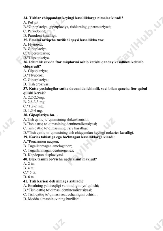 i, ajratuvchi taglik, doimiy plomba. 47. chuqur kariesda bemorning shikoyatlari qanday? a. shirinlikdan; b. sovuqdan va issiqdan c. nordon va shirinlikdan; d.*sovuqdan va mexanik qo‘zg‘atuvchilardan. 48. stomatologik xonada 1 ta vrach uchun qancha joy ajratiladi? a. 10 kv/m; b. 12 kv/m; c.*14 k/m; d. 18 kv/m. 49. terapevtik stomatologiya xonasida nimalar bo‘lmaydi? a.steril stol, rakovina, a va в shkaf, stol; b. kreslo, bormashina, stul; c. sterilizator, vintli stul; d. *avtoklav, operatsion stol. 50. terapevtik stomatologiya xonasining balandligi qanchaga teng bo‘lishi kerak? a. 3,4 m; b. *3,3 m; c. 2,3 m; d. 3,5 m. 51. turbinali bormashina nakonechnigini borini aylanish tezligi qanchaga teng? a. 100000 minutiga; b. 200000 minutiga; c. *300000 minutiga; d. 600000 minutiga. 52. aseptikaga nimalar kirmaydi? a. *jarohatni dorilar bilan yuvish; b. asboblar, bog‘lov materiallarni sterillash; c. qo‘lga maxsus ishlov berish; d. davolash vaqtida tozalikka rioya qilish. 53. sterillizatsiya nima? a. mikroblar yuqishini oldini olish; b. mikroblarni sporalardan …