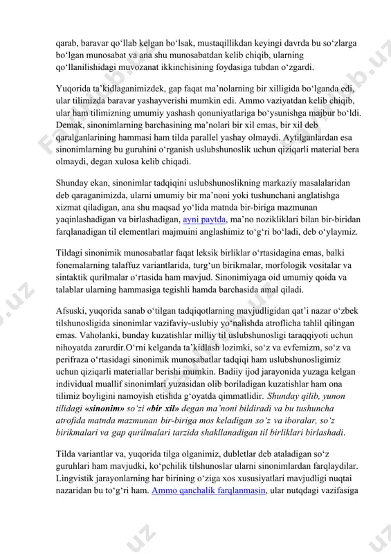 yuzaki qaraganimizdagina bu so‘zlarning ma’nosini bir deb xulosa chiqarishimiz mumkin. matnlar esa aslida bunday emasligini tasdiqlaydi. ular, hech bo‘lmaganda, vazifaviy uslublararo chegaralanishi bilan, ya’ni uslubiy nuqtai nazardan farqlanadi. ikkinchidan, ma’nolari bir xil sinonimlar tilda bo‘lganda ham ularning barchasi baravar ravishda, doimiy holda yashay olmaydi. tilning amalda bo‘lish qonuniyatlariga ko‘ra, aytaylik, parallellikni xush ko‘rmasligidan kelib chiqib, vaqt o‘tishi bilan ularning biri ikkinchisiga o‘z o‘rnini bo‘shatib berishga majbur bo‘ladi. masalan: partiya-firqa, grajdanin-fuqaro, agitatsiya-tashviqot, propaganda-targ‘ibot, komitet-qo‘mita, soldat-askar, intelligent-ziyoli, leksiya-ma’ruzo, programma-dastur, student-talaba, ekonomika-iqtisodiyot, internatsional-baynalmilal, sotsial-ijtimoiy, satirik-hajviy, sekretar-kotib, simvol-ramz kabi birliklar o‘rtasidagi qo‘llanish nisbatini olib qaraylik. agar o‘zbek tilining mustaqillikkacha bo‘lgan davrida ularga leksik dubletlar, variantlar sifatida qarab, baravar qo‘llab kelgan bo‘lsak, mustaqillikdan keyingi davrda bu so‘zlarga bo‘lgan munosabat va ana shu munosabatdan kelib chiqib, ularning qo‘llanilishidagi muvozanat ikkinchisining foydasiga tubdan o‘zgardi. yuqorida ta’kidlaganimizdek, gap faqat ma’nolarning bir xilligida bo‘lganda edi, ular tilimizda baravar yashayverishi mumkin edi. ammo vaziyatdan kelib chiqib, ular ham tilimizning umumiy …