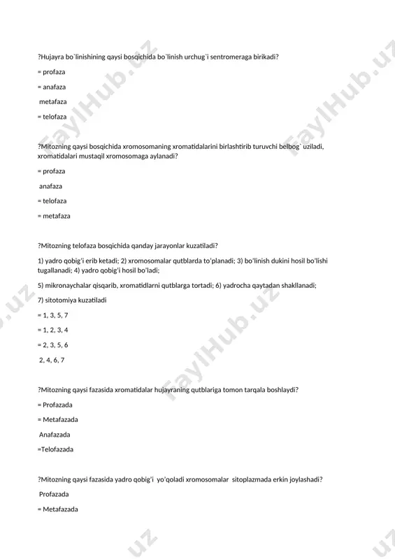 i qon guruh odamlar genotipi keltirilgan javobni aniqlang? a) ioio b) iaia c) ibib d) iaib e) iaio f) ibio a) a b) b va e c) c va f d) d ?to’rtinchi qon guruh odamlar genotipi keltirilgan javobni aniqlang? a) ioio b) iaia c) ibib d) iaib e) iaio f) ibio = a = b va e = c va f d ?kolovratkada jins aniqlanishining qaysi tipi uchraydi? = singam progam = epigam =sitogam ?inson salomatligini saqlash, mustahkamlash va irsiy kasalliklarning oldini olishda genetika fanining qaysi tarmog‘i asosiy o’rin egallaydi? = shajara usili =genologik usuli odam genetikasi = sitogam ?odam ijtimoiy muhitda yashaganligi sababli, ularda oliy nerv faoliyati bilan bog‘liq bo‘lgan qanday xususiyatlar paydo bo’lgan? 1) aql,2)idrok, 3) qobiliyat, 4)nutq, 5)mehnat qilish = 1,2,3 = 4,5 = 3,5 barchasi ?daun sindromi belgilarini ajrating? 1) 21-juft gomologik xromosomaning bittaga ortib ketishi 2) kariotipida 47 ta xromosoma uchrashi 3) kariotipida 45 …
