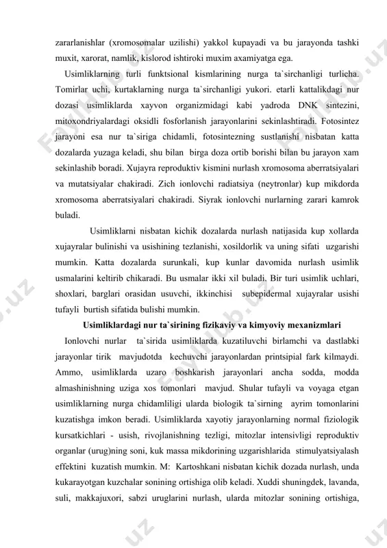rda surunkali, kup kunlar davomida nurlash usimlik usmalarini keltirib chikaradi. bu usmalar ikki xil buladi. bir turi usimlik uchlari, shoxlari, barglari orasidan usuvchi, ikkinchisi subepidermal xujayralar usishi tufayli burtish sifatida bulishi mumkin. usimliklardagi nur ta`sirining fizikaviy va kimyoviy mexanizmlari ionlovchi nurlar ta`sirida usimliklarda kuzatiluvchi birlamchi va dastlabki jarayonlar tirik mavjudotda kechuvchi jarayonlardan printsipial fark kilmaydi. ammo, usimliklarda uzaro boshkarish jarayonlari ancha sodda, modda almashinishning uziga xos tomonlari mavjud. shular tufayli va voyaga etgan usimliklarning nurga chidamliligi ularda biologik ta`sirning ayrim tomonlarini kuzatishga imkon beradi. usimliklarda xayotiy jarayonlarning normal fiziologik kursatkichlari - usish, rivojlanishning tezligi, mitozlar intensivligi reproduktiv organlar (urug)ning soni, kuk massa mikdorining uzgarishlarida stimulyatsiyalash effektini kuzatish mumkin. m: kartoshkani nisbatan kichik dozada nurlash, unda kukarayotgan kuzchalar sonining ortishiga olib keladi. xuddi shuningdek, lavanda, suli, makkajuxori, sabzi uruglarini nurlash, ularda mitozlar sonining ortishiga, usishning tezlashishiga, xosildorlikning oshishiga olib keladi, ammo juda katta dozalar kullangan xollarda, aksincha, bu kursatgichlarning kamayishi ruy …