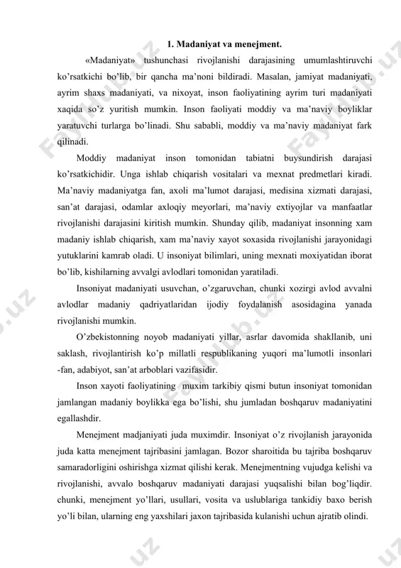 nishi, avvalo boshqaruv madaniyati darajasi yuqsalishi bilan bog’liqdir. chunki, menejment yo’llari, usullari, vosita va uslublariga tankidiy baxo berish yo’li bilan, ularning eng yaxshilari jaxon tajribasida kulanishi uchun ajratib olindi. menejment madaniyati inson madaniyatining tarkibiy qismi bo’lish bilan birga qator o’ziga xos xususiyatlarga xam ega. madaniyatga ega bo’lish menejer uchun fakat zarur emas, balki shartdir, chunki xar bir tashkilotning xar bir bo’linmasi samarali ishlashi uchun uning xodimlari yuqsak madaniyatga ega bo’lishlari kerak. menejment madaniyati darajasi xodimlar, ayniqsa, menejerlar madaniyatini, menejmentjarayoni madaniyati, boshqaruv texnikasi, mexnat sharoitini aks ettiruvchi ko’rsatkichlar bo’yicha baxolanadi. menejment madaniyati unsurlarining turli-tumanligi boshqaruv jarayonida turli-tuman meyorlarga, jumladan, axloqiy, xuquqiy, iqtisodiy, tashkiliy, texnikaviy, estetik meyorlarga rioya qilish zaruriyatini keltirib chiqaradi. axloqiy meyorlar insonning axlok va odob soxasidagi xulqini tartibga soladi. ular jumlasiga ijtimoiy burchni to’g’ri tushunish, kishi urtasida insoniy munosabat va o’zaro xurmat, vijdonlilik, xaqiqatguylik, kamtarlik va x.k.lar kiradi. boshqaruv jaryonida axloqiy meyorlarga rioya qilish uning madaniyati yuqori darajasidan dalolat …