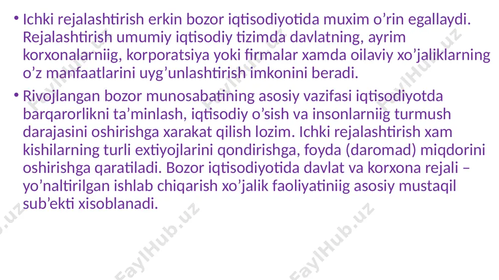 6. ishlab chiqarish stadiyalari bo’yicha: dastlabki va yakuniy. 7. aniqlik darajasiga ko’ra: yiriklashtirilgan (umumiy) va aniqlashtirilgan. chet el amaliyotida vaqt omilini e’tiborga olgan holda reja tuzishning 4 xil turini ajratish mumkin.4 inaktiv rejalashtirish korxonadagi erishilgan holatga asoslanadi ya’ni orqaga xam qaytmaydi, ilgariga qarab xarakat xam qilmaydi. uning asosiy maqsadi ishlab chiqarish barqarorligiga erishishdir. inaktiv tashkilotlar o’z qoida, qadriyat va uslublarini ishlab chiqarish faoliyatining iqtisodiy samaradorligidan ustun qo’yadi. inaktiv rejalashtirishga asoslangan korxonalarga misol qilib davlat korxonalari, byudjet tashkilotlari, administrativ tashkilotlar, korxonalarning xizmat ko’rsatish va funksional xizmatlar rejalarini keltirish mumkin rejalashtirish yuqoridan quyiga karab amalga oshiriladi. avval tashqi sharoit istiqbollanadi, so’ngra korxonaning muxim maqsadlari va strategiyasi belgilanadi. preaktiv rejalashtirishning kamchilik tomoni shundaki, prognoz qanchalik uzoq muddatni qamrab borsa, shunchalik xatolik extimoli yuqori bo’ladi. interaktiv rejalashtirish istalgan istiqbolni loyixalashtirishni va unga erishish yo’llarini axtarishni ko’zda tutadi. bunday rejalashtirish korxonaning individual, tashkiliy, ijtimoiy rivojlanish darajasini oshirishga qaratilib, o’tmishni, xozirgi davrni va kelgusining o’z aro …