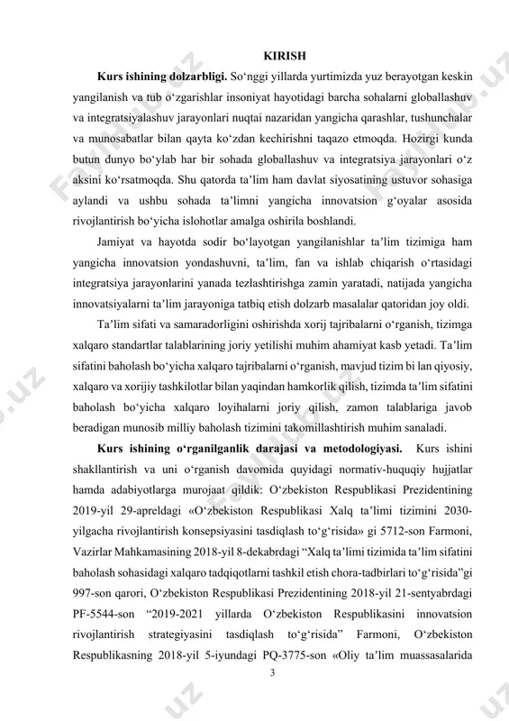 sasalarida taʼlim sifatini oshirish va ularning mamlakatda amalga oshirilayotgan keng qamrovli islohotlarda faol ishtirokini taʼminlash bo‘yicha qo‘shimcha chora-tadbirlar to‘g‘risida”gi qarori, “pisa: естественнонаучная грамотность” xalqaro jurnali, “pisa 2015 assessment and analytical framework” xalqaro jurnali, “achievement of 15-year-olds in england: pisa 2018 results” xalqaro jurnali va boshqa shu kabi adabiyotlardan foydalandik. kurs ishining obyekti. kurs ishining obyektini o‘zbekistonda milliy va xalqaro baholash tizimini bir-biriga mos ravishda shakllantirish tashkil etadi. kurs ishining predmeti. milliy va xalqaro baholash tizimini tahlil qilish va milliy ta’lim tizimida tutgan o`rnini tahlil qilishdan iborat. kurs ishining maqsadi. mamlakatimizda ta’lim sifatini xalqaro talab darajasida shakllantirish mezonlari va istiqbollarini o`rganish hisoblanadi. kurs ishining vazifasi. ta’lim jarayonidagi milliy baholash tizimini zamon talabiga mos, xalqaro standartlarga javob beradigan holatga o‘tkazishda amalga oshirilishi lozim bo`lgan ishlarni tahlil qilish va ularning ta’lim sifatini oshirishdagi rolini ochib berish tashkil qiladi. kurs ishining tarkibiy tuzilishi: ushbu kurs ishi kirish, 2 bob, 4 ta paragraf, xulosa, foydalanilgan …