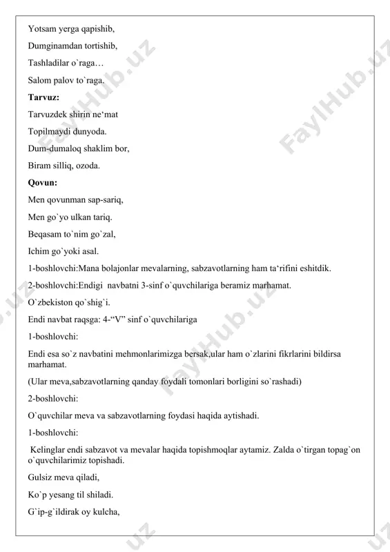 dim. boy ota: bolalarga sovg`a emish,bu mening olmalarim, ber bu yoqqa. (ular qopni talashadilar) 1-boshlovchi:boy ota, bayramni xursandchilik bilan o`tkazaylik,urushmanglar. boy ota: ho,men xech kimga narsa bermayman,bersam kasal bo`lib qolaman. 1-boshlovchi:unda bunday qilaylik.bolalalar davra olishadi,qopni davra oldiga qo`yamiz.boy ota,siz o`nga,shum bola chapga davra bo`ylab yugurasizlar.kim oldin kelsa qopdagi olmalar shu kishiga tegadi.kelishdikmi? shum bola: men roziman. boy ota: men ham roziman. 1-boshlovchi:unda boshladik. (boy ota bilan shum bola davra bo`ylab yuguradilar.boy ota yiqilib,shum bola marraga birinchi bo`lib yetib keladi.) boy ota: voy belim,voy oyog`im, sen bola, shu yerda ham shumlik qilding. mayli olmalarimni sizlarga berdim. 1-boshlovchi; boy ota, siz xafa bo`lmang,bog`ingizdagi olma daraxtlaringiz bundan ham ko`p hosil bersin. boy ota: rahmat qizim,aytganing kelsin.qani, shum bola,ketar vaqtimiz ham bo`lib qoldi shum bola: voy boy ota, axir bayramda o`ynamasdan ketamizmi? (shox musiqa ostida ular raqsga tushishadi.bolalarni va mehmonlarni ham raqsga taklif qildilar.so`ng xayrlashib chiqib ketadilar) 2-boshlovchi:endigi navbatni 3-sinf o`quvchilariga beramiz marhamat. 1-boshlovchi: …