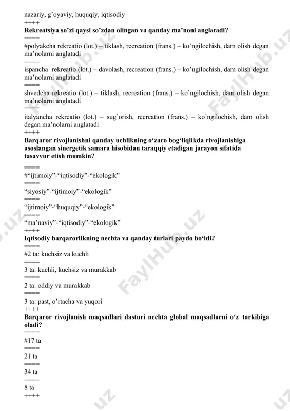 ==== #2 ta: kuchsiz va kuchli ==== 3 ta: kuchli, kuchsiz va murakkab ==== 2 ta: oddiy va murakkab ==== 3 ta: past, o’rtacha va yuqori ++++ barqaror rivojlanish maqsadlari dasturi nechta global maqsadlarni o‘z tarkibiga oladi? ==== #17 ta ==== 21 ta ==== 34 ta ==== 8 ta ++++ “yashil iqtisodiyot” konsepsiyasining rivojlanish bosqichlari nechta bosqichdan iborat? ==== #4 ta bosqichdan iborat ==== 10 ta bosqichdan iborat ==== 7 ta bosqichdan iborat ==== 11 ta bosqichdan iborat ++++ yashil iqtisodiyot konsepsiyasi qanday iqtisodiy fanlardagi ilmiy g‘oyalarni qamrab oladi? ==== #resurslarni tejashga yo‘naltirilgan iqtisodiyot, ekologik iqtisodiyot, atrof-muhit iqtisodiyoti, yashil siyosat, xalqaro iqtisodiy munosabatlar nazariyasi, iqtisodiyotni modernizatsiyalash, innovatsion iqtisodiyot ==== falsafa, psixologiya, kaspiy ma’naviyat, ekologiya, geografiya, sotsiologiya, matematika, statistika, ona tili, adabiyot, chizmachilik,menejment, iqtisodiy ta’limotlar tarixi, kreativ fikrlash, dinamik makroiqtisodiyot ==== iqtisodiyot nazariyasi, strategic menejment, soliq va soliqqa tortish ==== marketing, menejment, moliya, kichik biznes va xususiy tadbirkorlik, iqtisodiy ta’limotlar tarixi …
