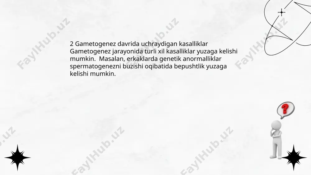n o‘tish tavsiya etiladi. ... t.me/slaydai_bot 15 tug‘ma nuqsonlarni aniqlash testlari tug‘ma nuqsonlarni aniqlash uchun turli tibbiy testlar mavjud. ulardan eng ko‘p qo‘llaniladiganlari ultratovush tekshiruvi (sonografiya), amniotsentez (amniotik suyuqlikdan namuna olish) va chorionic villus sampling (cvs) hisoblanadi. bu testlar orqali homiladagi potentsial genetik va tug‘ma nuqsonlar aniqlanishi mumkin, bu esa ota-onaga kerakli tibbiy yordam va maslahat berish imkoniyatini yaratadi. mavzu: gametogenez va ilk embrional davrda kelib chiqadigan kasalliklar pediatriya 303-guruh moʻminova zilola e'tiboringiz uchun raxmat! image1.png image2.png image3.png image4.png image5.jpg image6.png image7.png image8.jpg image9.jpg image10.jpg image11.jpg image12.jpg /docprops/thumbnail.jpeg