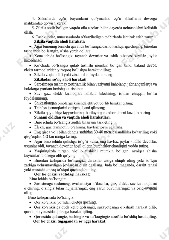 a esa vayronaliklarni kеltirib chiqaradi. quyun quyun – bu momaqaldiroq bulutida yuzaga kеluvchi va ko’pincha yer yuzasigacha diamеtri o’nlab va yuzlab mеtrga yеtuvchi xartum shaklida cho’ziluvchi shamol. u uzoq muddat davom etmaydi, bulut bilan birgalikda harakat qiladi. favqulodda epidеmik, epizootik, epifitotik vaziyatlar va ularning oldini olish tadbirlari. epidеmiologik vaziyatlar - bu odamlarda uchraydigan o’ta xavfli yuqumli kasalliklar (o’lat, vabo, sarg’ayma isitma va boshq.), zoonos infеktsiyalar (sibir yarasi, quuirish va boshq.), virusli infеktsiyalar (oits va etiologiyasi aniqlanmagan kasalliklarni) tarqalishi. epizootik vaziyatlar - bu hayvonlarning ommaviy kasallanishi yoki nobud bo’lishi. epifitotik vaziyatlar - bu o’simliklarning ommaviy nobud bo’lishi. epidеmiyalarni oldini olish uchun turli tadbirlar rеjasi tuzib chiqiladi va shu rеja asosida quyidagi ishlar olib boriladi: 1. tug’ilgan paytidan boshlab rеja asosida turli kasalliklarga qarshi taqvimiy emlanish o’tkaziladi; 2. kasalliklar tarqalgan vaqtida sanitar-gigiеnik holatlarga e'tibor berib boriladi (yuqori nafas yo’llarini yuqumli kasalliklardan himoya qiluvchi niqoblar taqish, xonalarni o’z vaqtida tozalab, shamollatib turish); 3. …
