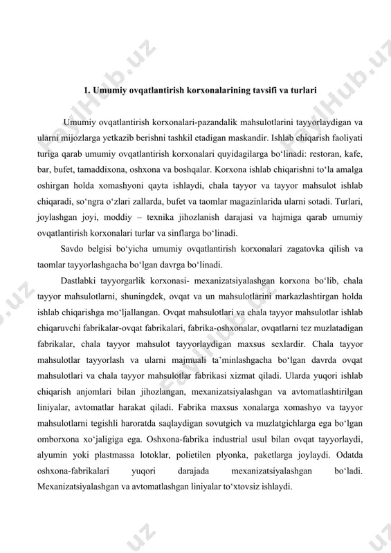 qat tayyorlaydi, alyumin yoki plastmassa lotoklar, polietilen plyonka, paketlarga joylaydi. odatda oshxona-fabrikalari yuqori darajada mexanizatsiyalashgan bo‘ladi. mexanizatsiyalashgan va avtomatlashgan liniyalar to‘xtovsiz ishlaydi. fabrika-oshxona – yirik, mexanizatsiyalashgan korxona, o‘zi mahsulot ishlab chiqaradi, ovqat va qandolat mahsulotlari tayyorlaydi. chala tayyor mahsulot ishlab chiqaruvchi maxsus sexlar magazinlarni chala tayyor go‘sht, baliq, sabzavot bilan ta’minlaydi. ovqatlantirish kombinati – yirik birlashma, uning tarkibiga: fabrikalar, oshxona, restoran, kafe, tamaddixonalar, ovqat magazinlari kiradi. ovqatlantirish kombinati boshqa korxonalar chakana savdo, ovqat magazinlari uchun ham chala tayyor mahsulotlar tayyorlab beradi. ovqatlantirish kombinatlari odatda yirik ishlab chiqarish korxonalari, birlashmalar, oliy o‘quv yurtlari qoshida tashkil etiladi. tayyorlovchi fabrika odatda alohida binoda joylashgan bo‘ladi va yo‘lak bilan oshxonalarga birlashtiriladi. shuningdek, xizmat ko‘rsatishning rivojlanishi xalq farovonligining oshishiga bevosita ta’sir qiladi. umumiy ovqatlantirish korxonalari turli xususiyatlariga ko‘ra tavsiflanadi va tasniflanadi. umumiy ovqatlantirish korxonasi – ma’lum turdagi korxona xizmatning o‘ziga xos belgilari, mijozlarga ko‘rsatiladigan xizmat sifatining darajasi va sharoiti bilan ifodalanadi. korxonaning turini belgilashda quyidagilar …