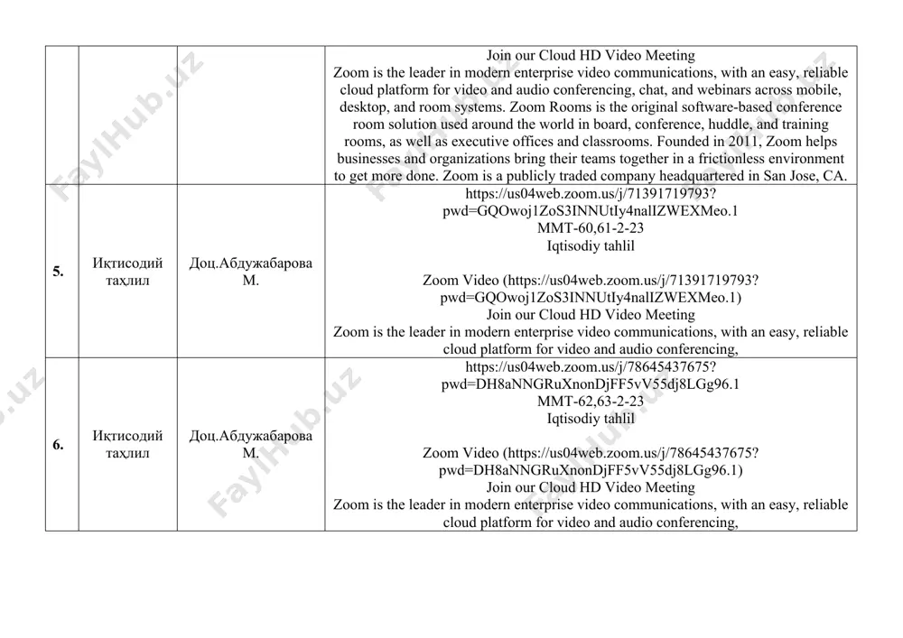 g/tzuud-2vrtovh9f_zda-ovsepoa4xhu7l6o3/ics?icstoken=98tykugprtsuhdeutryerpwca4iglo3ztn5ygvpboyxhim18vbdzbu1jzopxjy_c&meetingmastereventid=9st3lupysn2gt7pwry_bcg войти zoom конференция https://us05web.zoom.us/j/81304731553?pwd=jt9febgvwpdshc4tqyn9frdrn6p98h.1 8. иқтисодий таҳлил доц. махкамбоев к. fan: iqtisodiy tahlil; professor o'qituvchi: k.maxkamboyev dars identifikatori: 244 165 9816 kirish kodi: 1 https://us04web.zoom.us/j/2441659816?pwd=wethk0llawzmtwtmtnhpulvqrmlgut09 zoom video (https://us04web.zoom.us/j/2441659816?pwd=wethk0llawzmtwtmtnhpulvqrmlgut09) join our cloud hd video meeting zoom is the leader in modern enterprise video communications, with an easy, reliable cloud platform for video and audio conferencing, chat, and webinars across mobile, desktop, and room systems. zoom rooms is the original software-based conference room solution used around the world in board, conference, huddle, and training rooms, as well as executive offices and classrooms. founded in 2011, zoom helps businesses and organizations bring their teams together in a frictionless environment to get more done. zoom is a publicly traded company headquartered in san jose, ca. 9. иқтисодий таҳлил доц. қличев б. baxtiyor klichev приглашает вас на запланированную конференцию: zoom. тема: зал персональной конференции baxtiyor klichev войти zoom конференция https://us05web.zoom.us/j/6754808987?pwd=oyjyxefrl5pzap9vkrdjovykxt7ib8.1 идентификатор конференции: 675 480 …